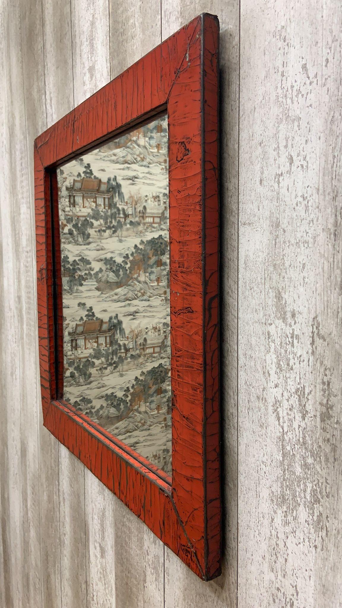 Vintage Chinese Red Linen Wrapped Square Mirror In Good Condition For Sale In Chicago, IL