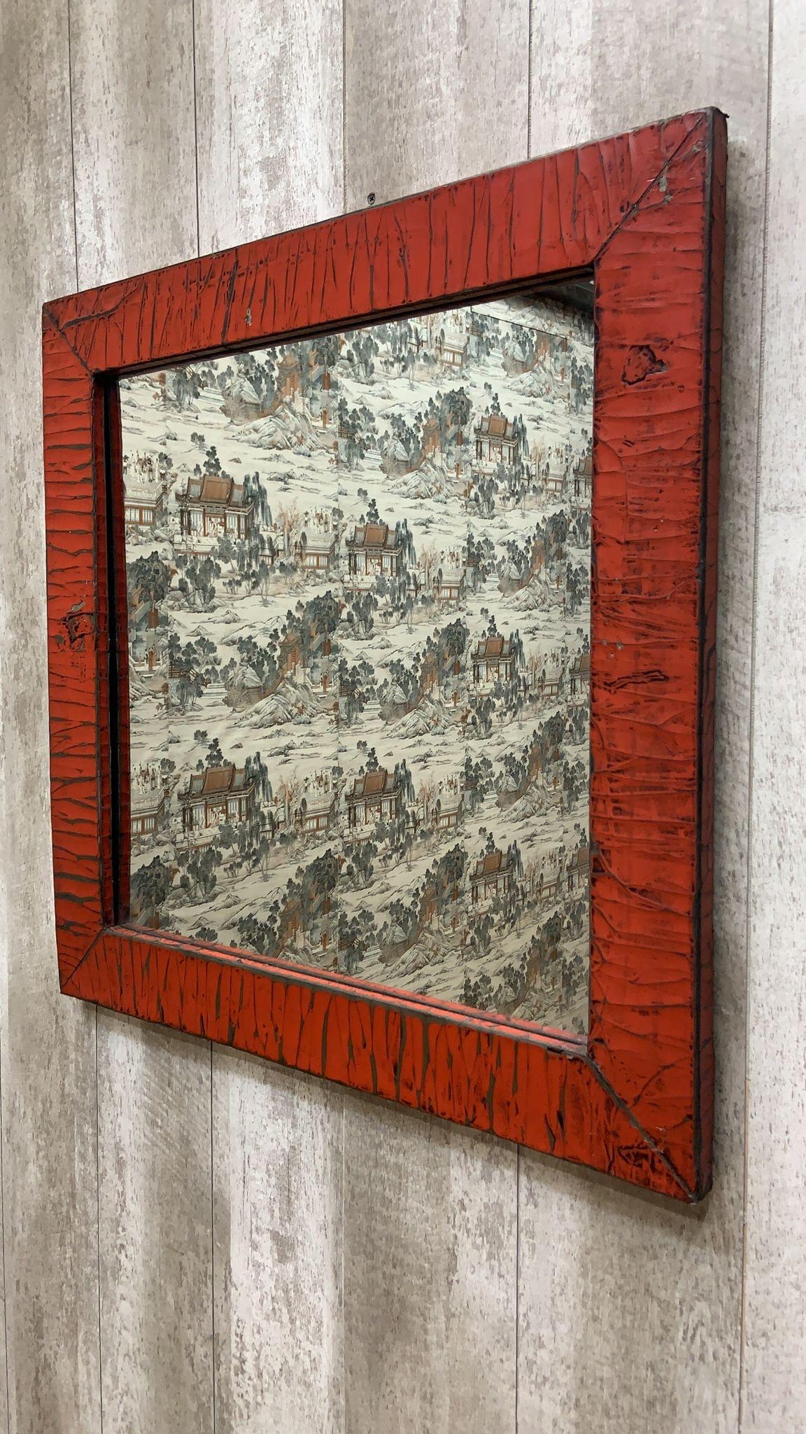 Vintage Chinese Red Linen Wrapped Square Mirror For Sale 1
