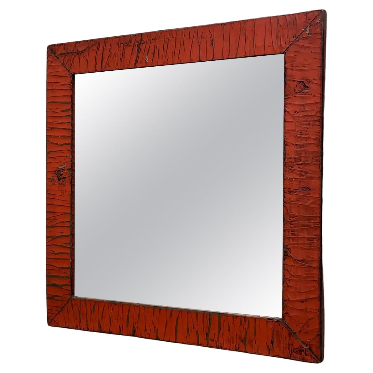Miroir carré chinois vintage enveloppé de lin rouge en vente