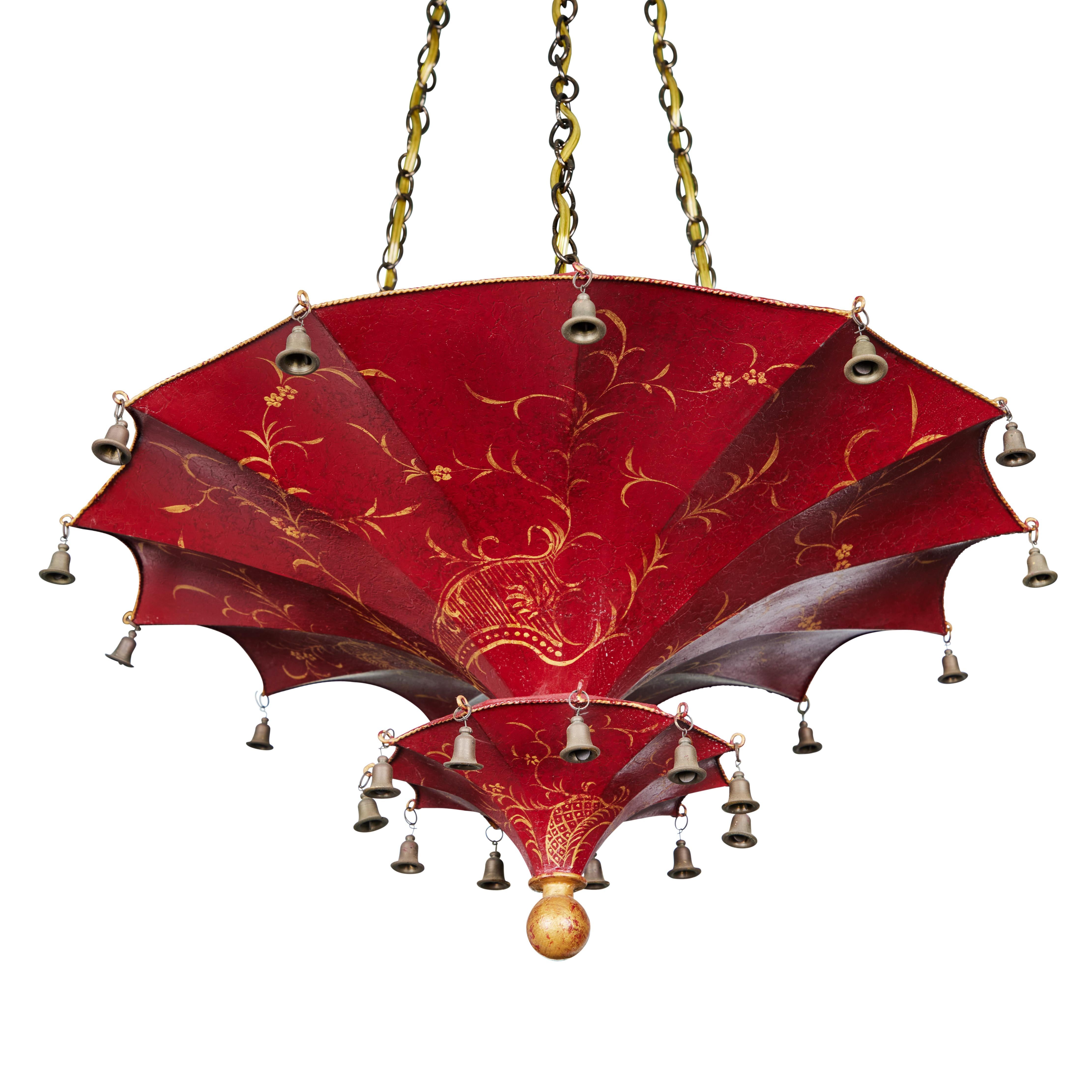 Chinese red Pagoda style four-light hanging light fixture by John Rosselli, 20th century. Newly rewired.
 