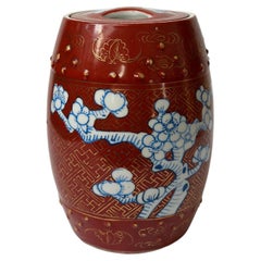 Vintage Chinese Red Porcelain Tea Caddy - Cherry Blossom with Gold Detailing