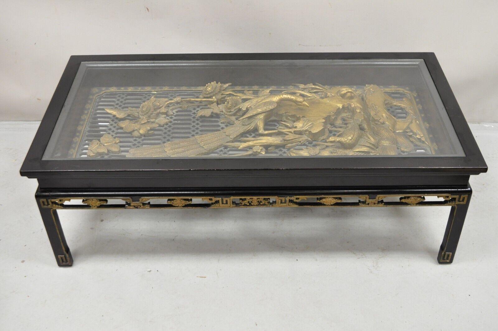Vintage Chinese Relief Carved Ho ho Bird Glass Top Display Black Coffee Table For Sale 6