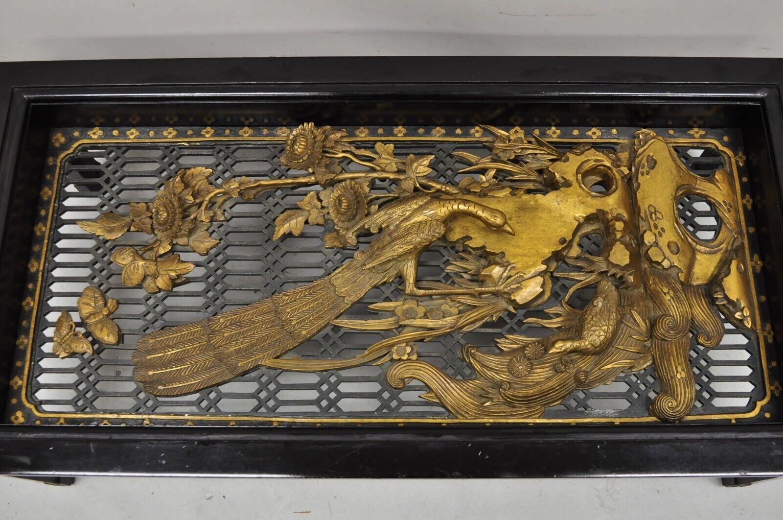 Vintage Chinese Relief Carved Ho ho Bird Glass Top Display Black Coffee Table For Sale 8