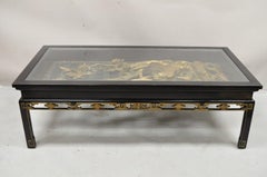 Vintage Chinese Relief Carved Ho ho Bird Glass Top Display Black Coffee Table