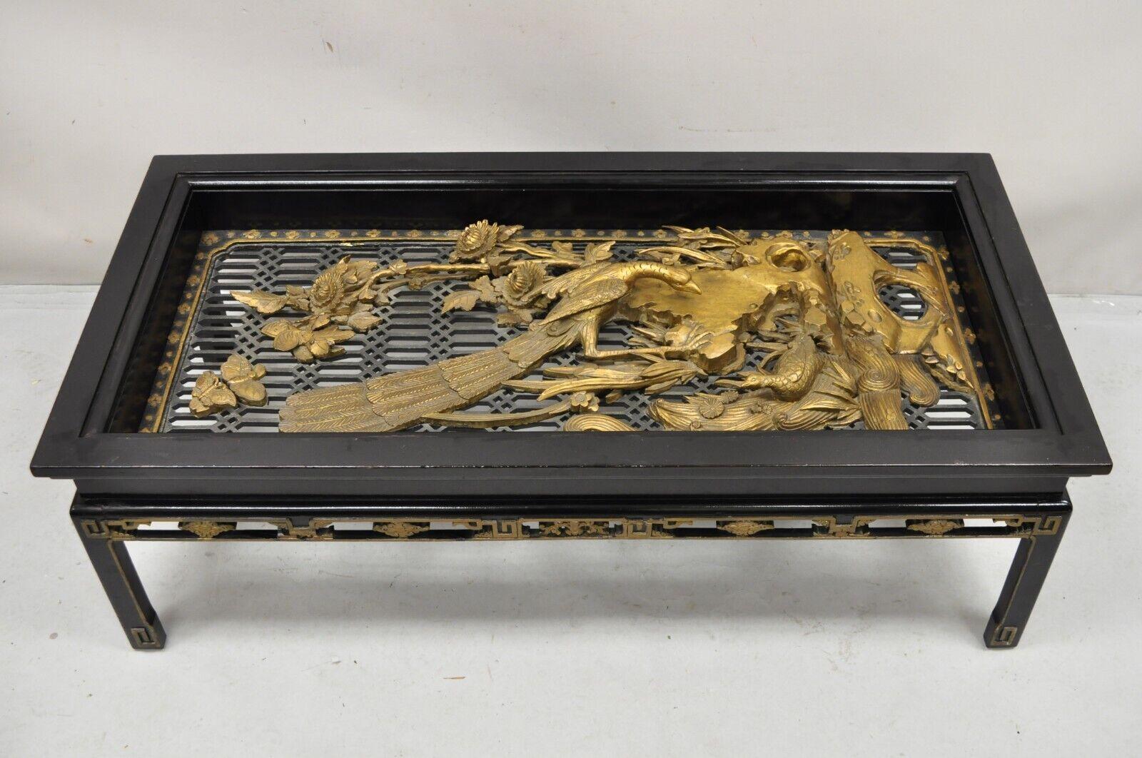Vintage Chinese Relief Carved Ho ho Bird Glass Top Display Black Coffee Table In Good Condition For Sale In Philadelphia, PA