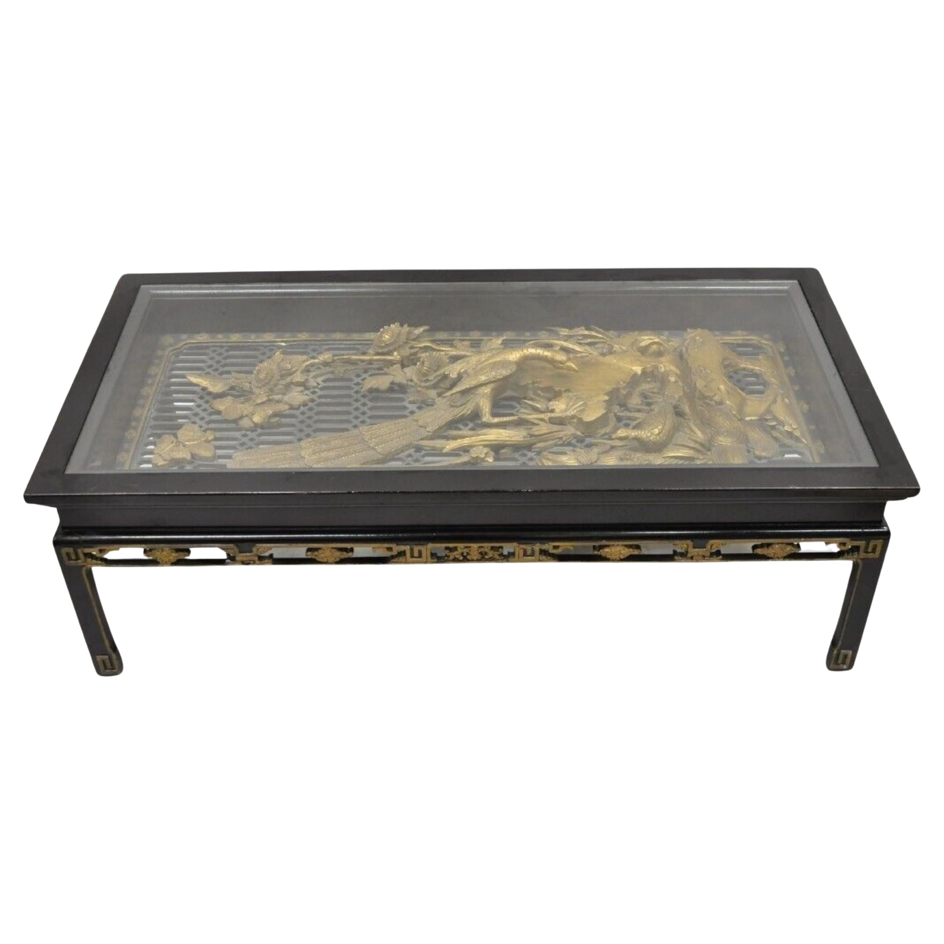 Vintage Chinese Relief Carved Ho ho Bird Glass Top Display Black Coffee Table For Sale