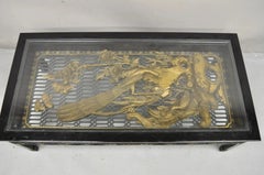 Vintage Chinese Relief Carved Ho ho Bird Glass Top Display Oriental Coffee Table