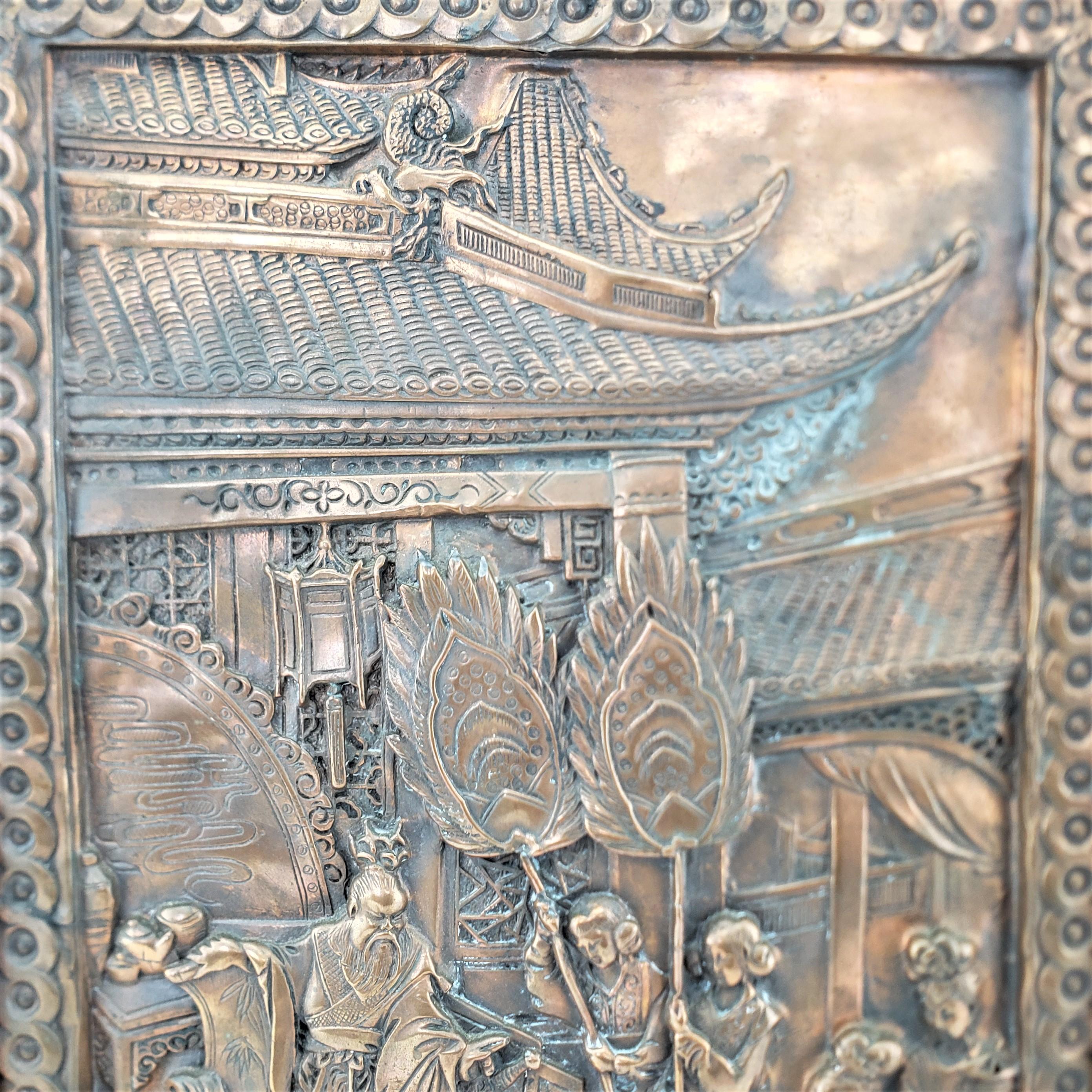 Chinese Export Vintage Chinese Repouse Framed Copper Panel of a Ceremonial Vignette For Sale