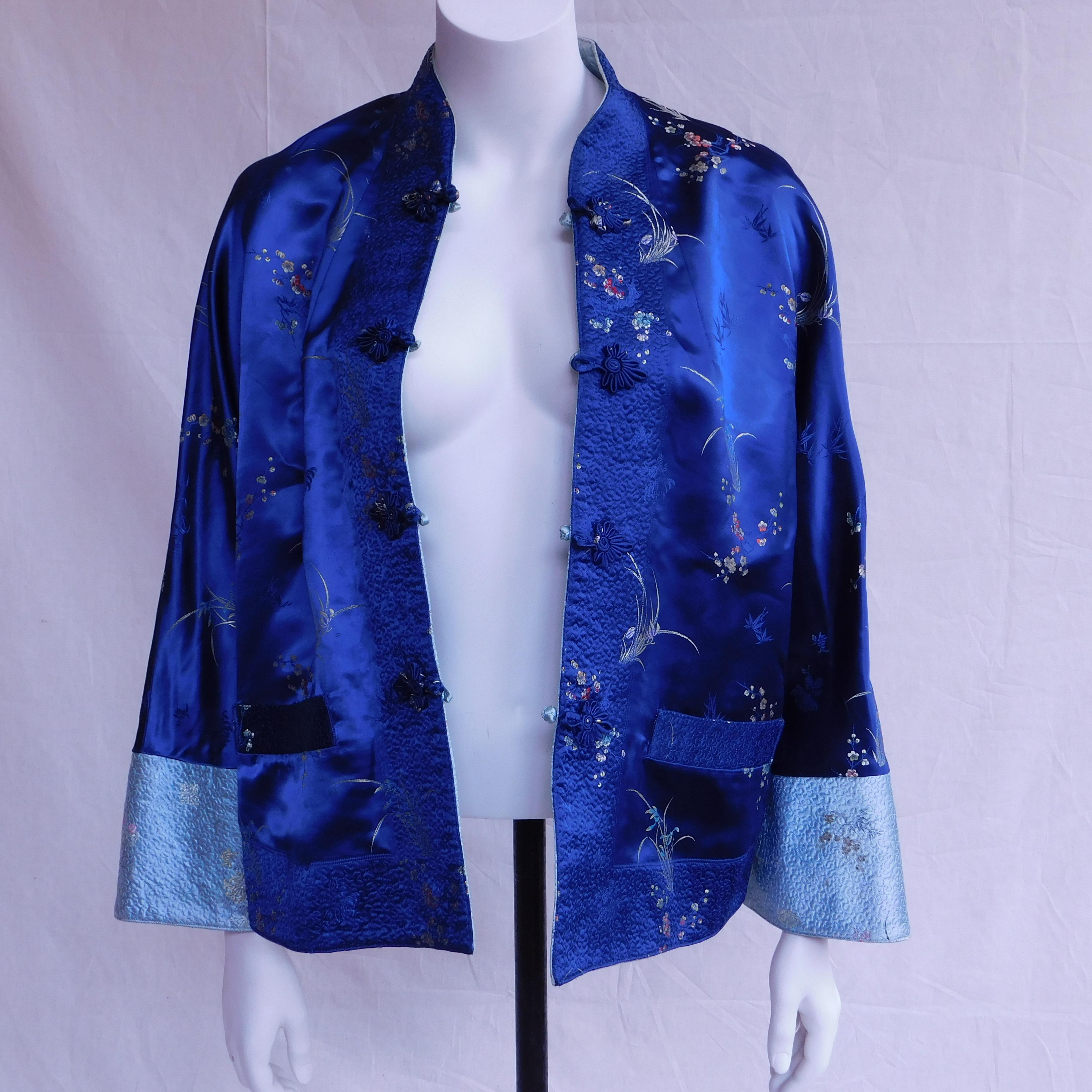 Vintage Chinese Reversible Blue Silk Jacket For Sale 2