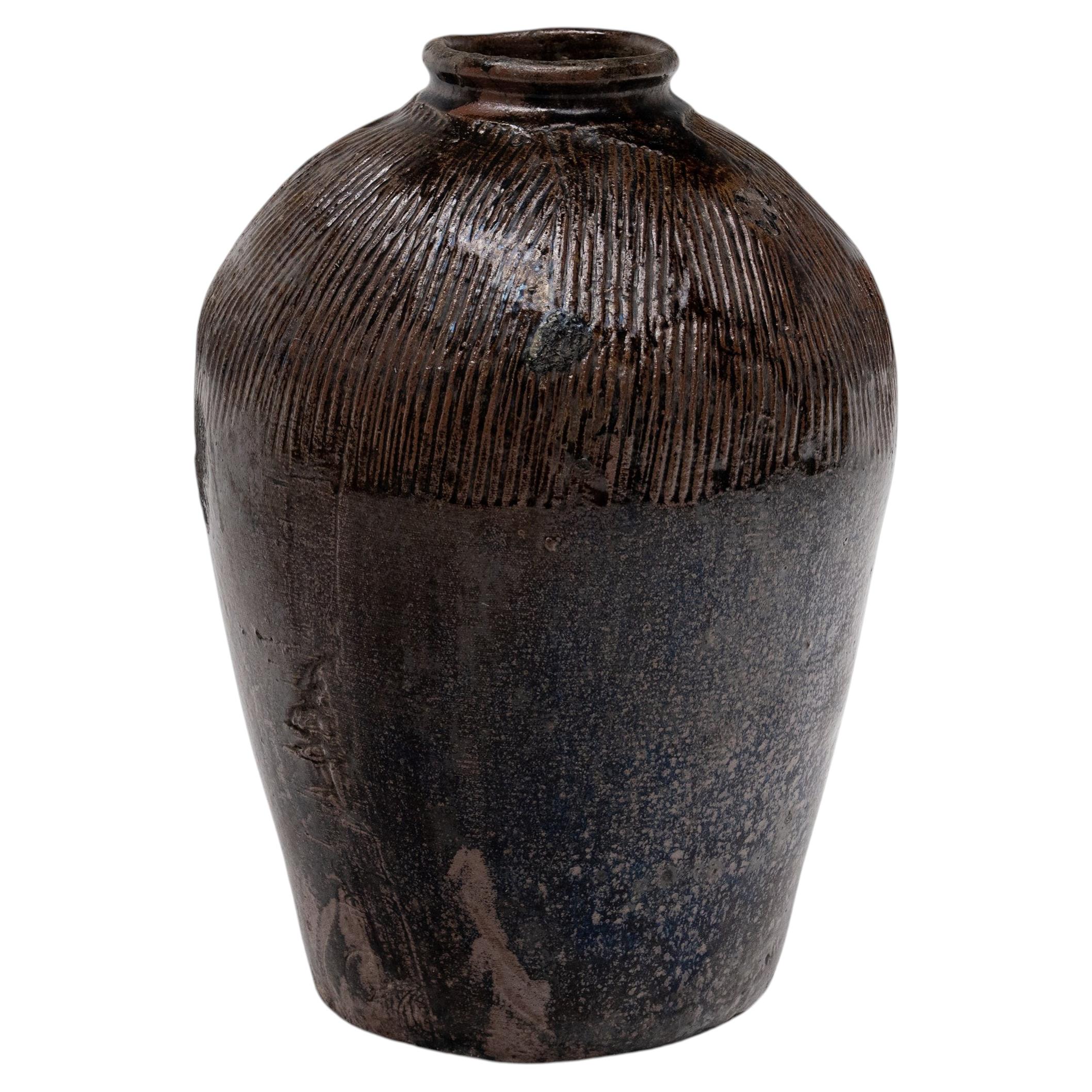 Vintage Chinese Ridged Wine Jar, Early 20th Century
