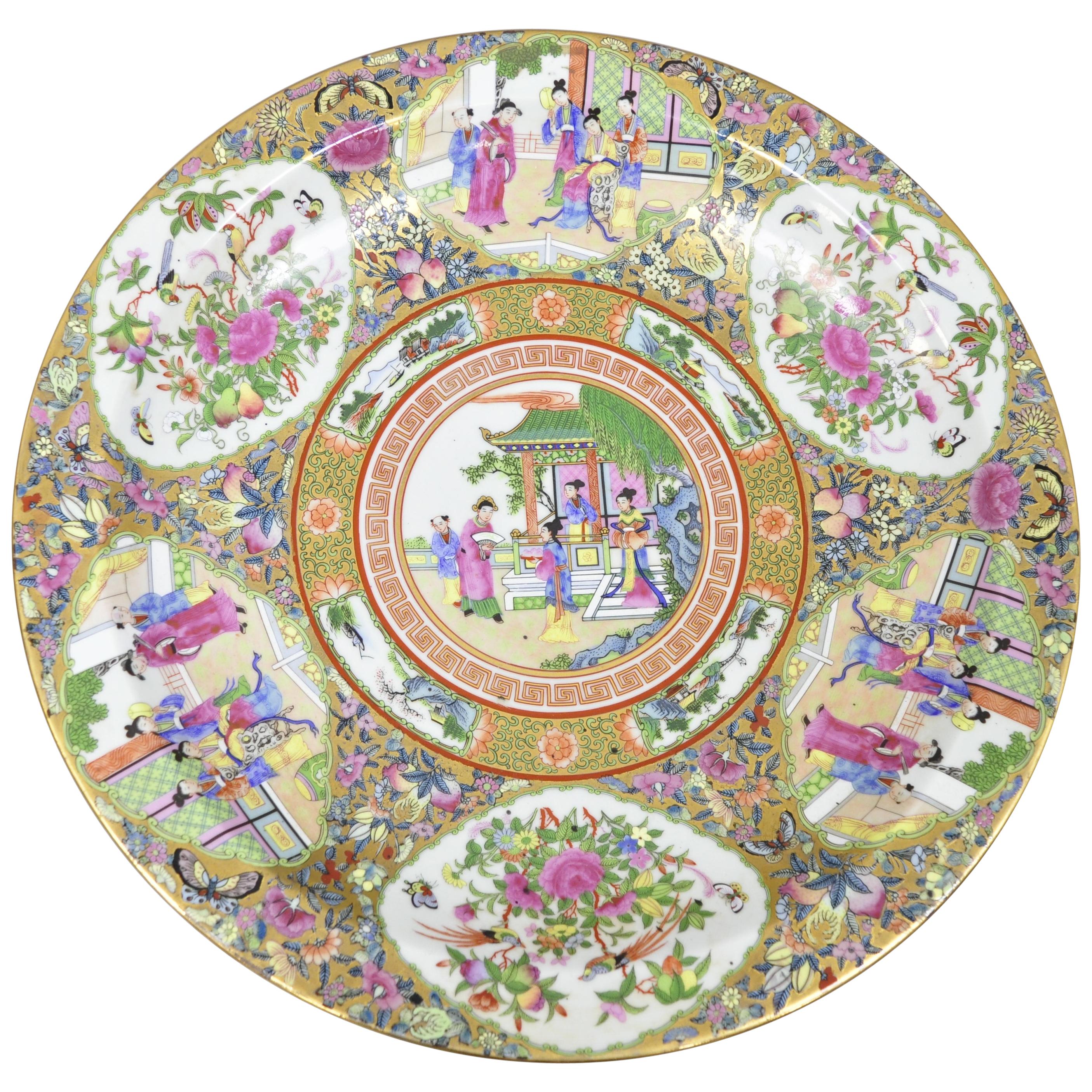 Vintage Chinese Rose Medallion Porcelain Figural Decorated Charger Deep Bowl