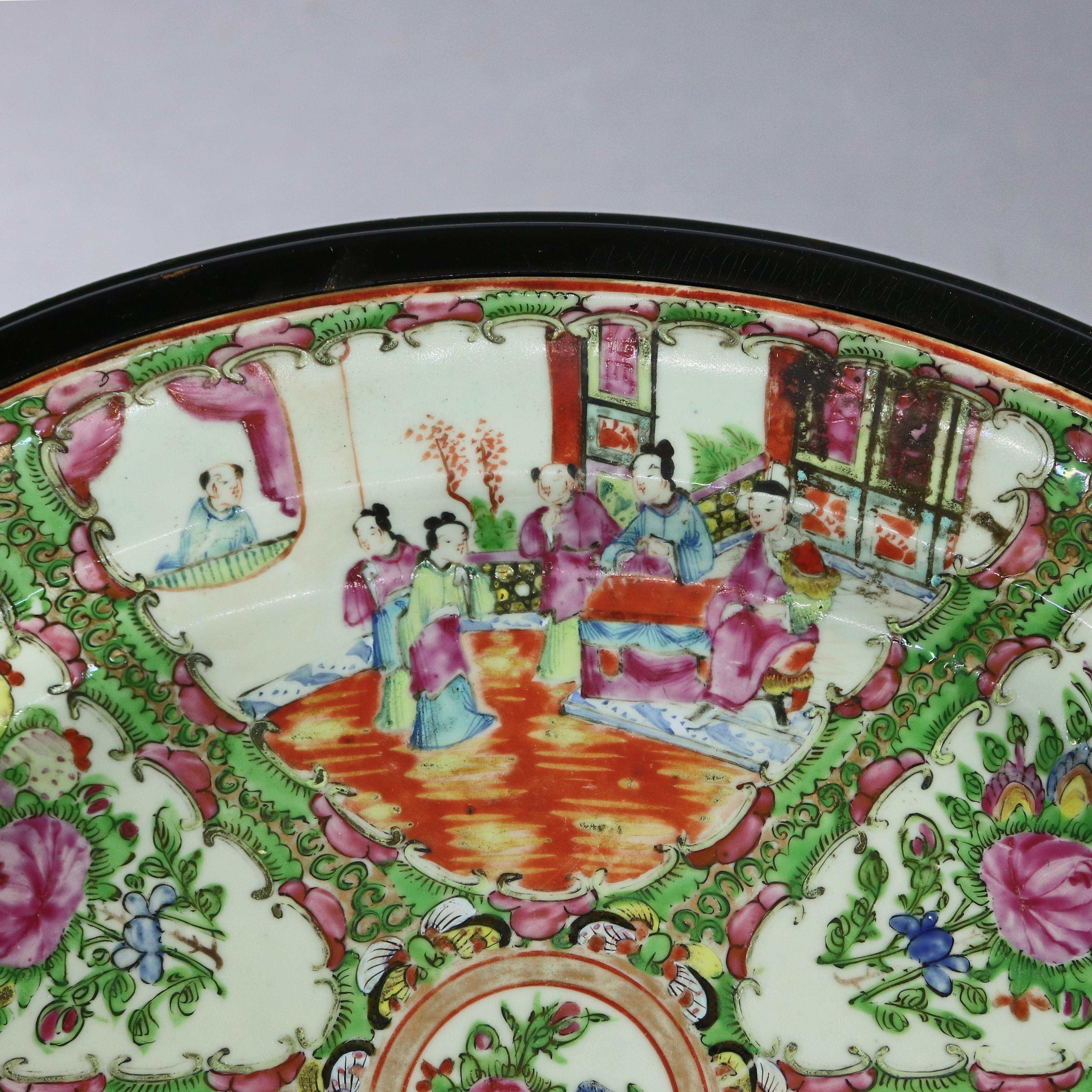Vintage Chinese Rose Medallion Porcelain Tea Table with Ebonized Base circa 1940 In Good Condition In Big Flats, NY