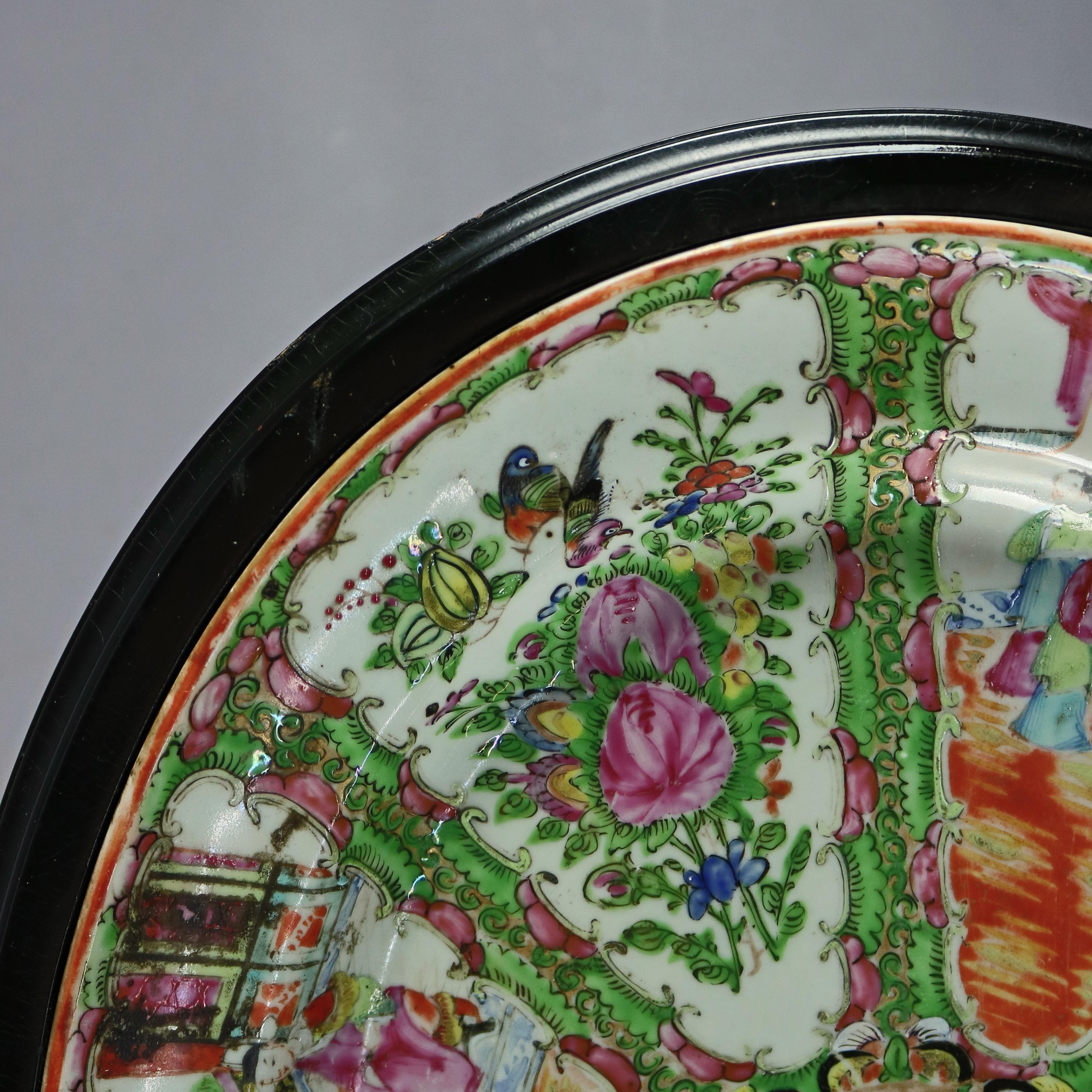 20th Century Vintage Chinese Rose Medallion Porcelain Tea Table with Ebonized Base circa 1940