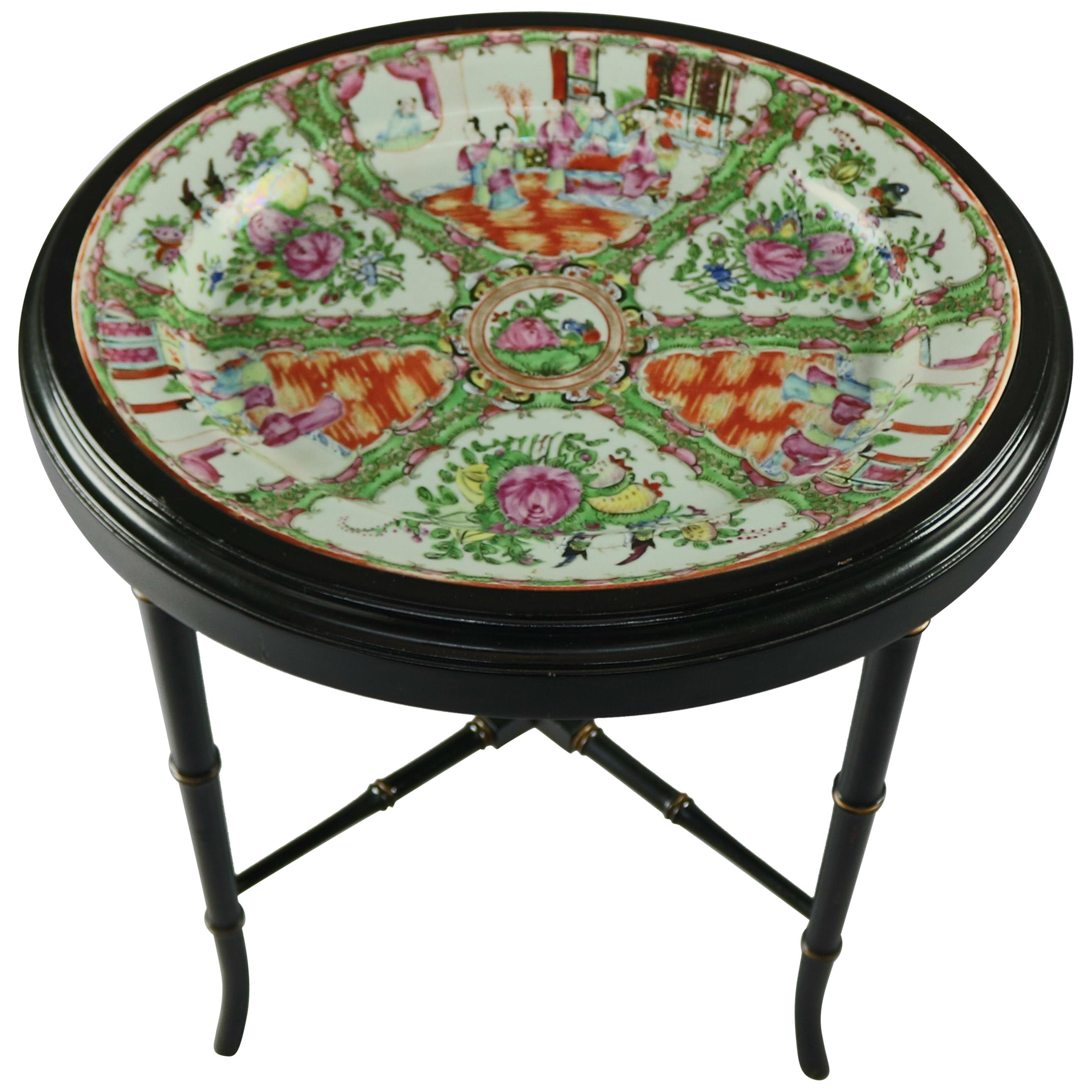 Vintage Chinese Rose Medallion Porcelain Tea Table with Ebonized Base circa 1940