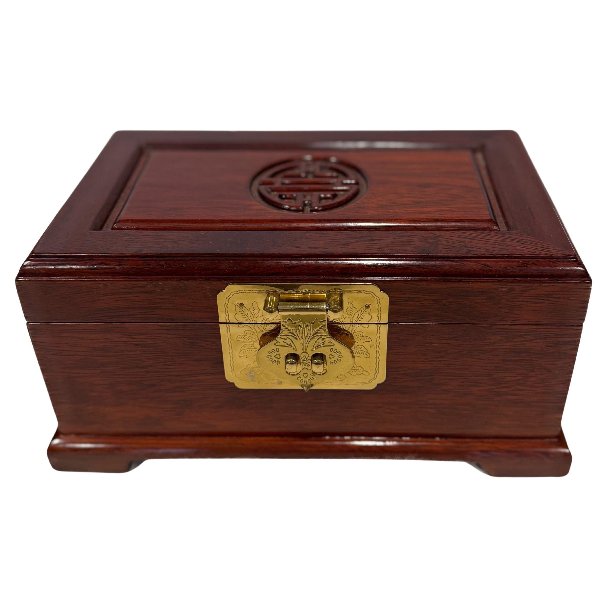 Vintage Chinese Rosewood And Brass Longevity Ring Jewelry Large Box For Sale
