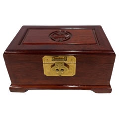 Vintage Chinese Rosewood And Brass Longevity Ring Jewelry Large Box