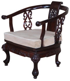 Vintage Chinese Rosewood Ornate Figural Horseshoe Yoke Arm Accent Club Chair
