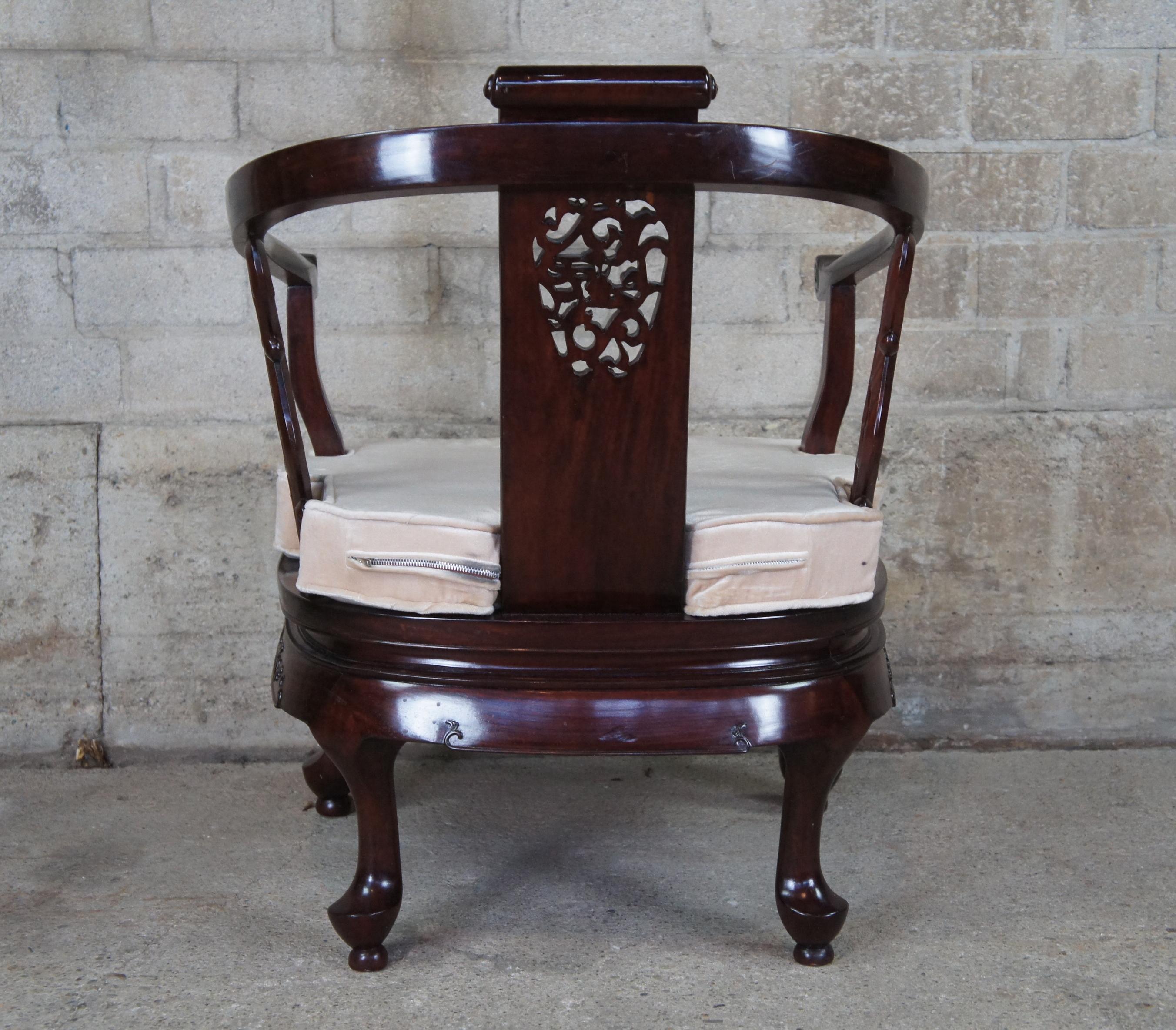 Vintage Chinese Rosewood Ornate Figural Horseshoe Yoke Arm Accent Club Chair In Good Condition In Dayton, OH