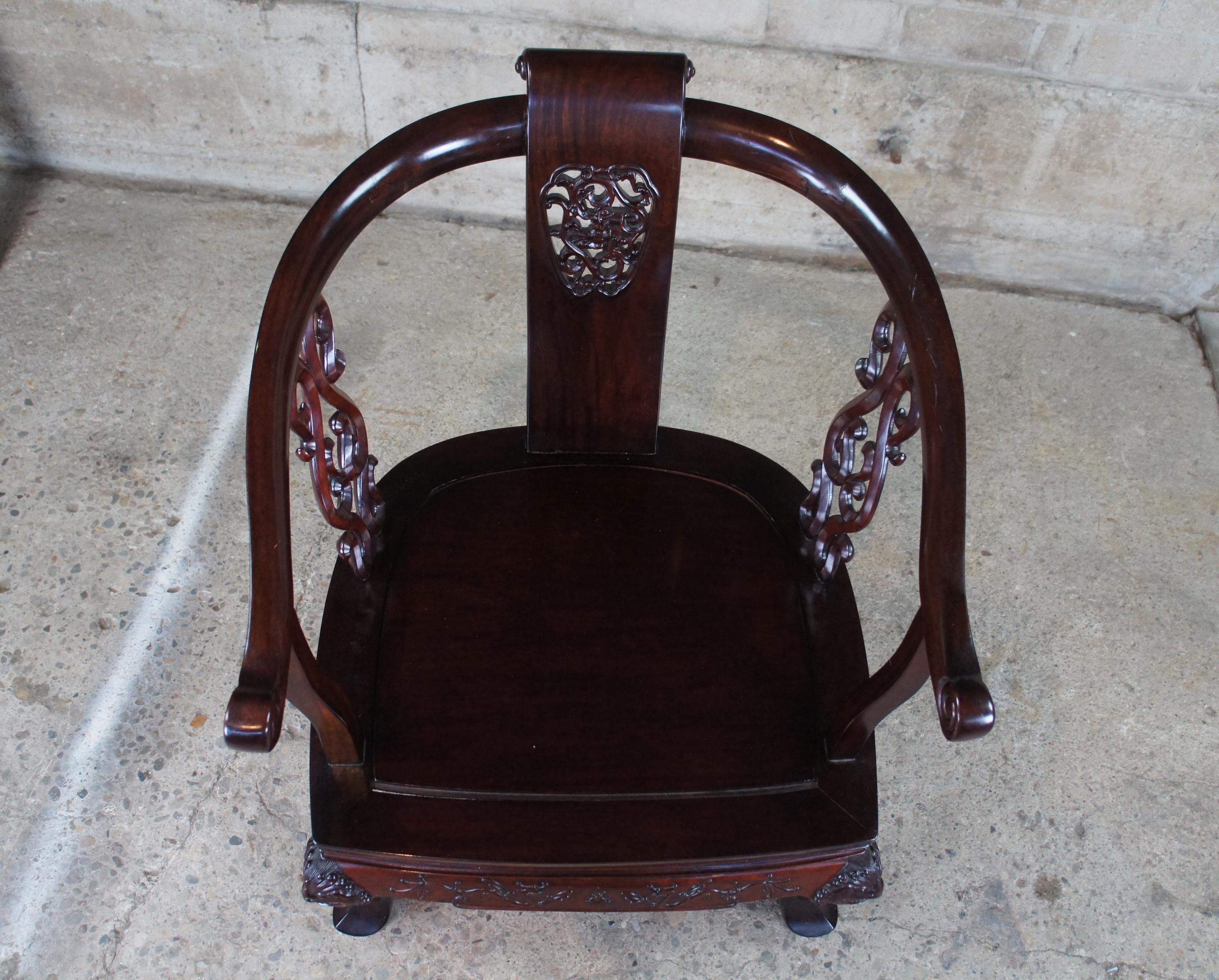 Vintage Chinese Rosewood Ornate Figural Horseshoe Yoke Arm Accent Club Chair 2