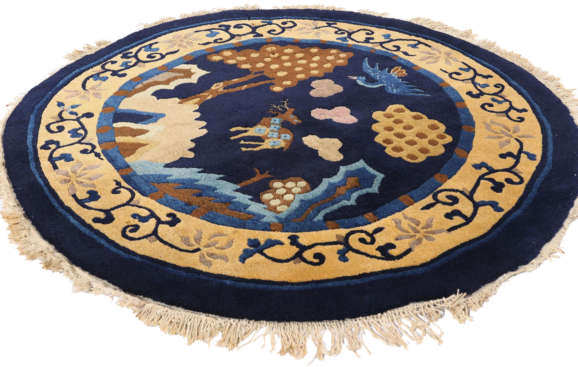 78979 Vintage Chinese Round Peking Pictorial Rug, 04'00 x 03'09. This exquisite hand-knotted wool vintage Chinese round Peking pictorial rug is a captivating example of traditional Chinese artistry infused with profound cultural symbolism. The deep