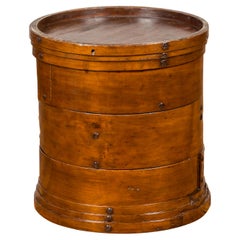 Vintage Chinese Round Stacking Elmwood Side Table with Independant Sections