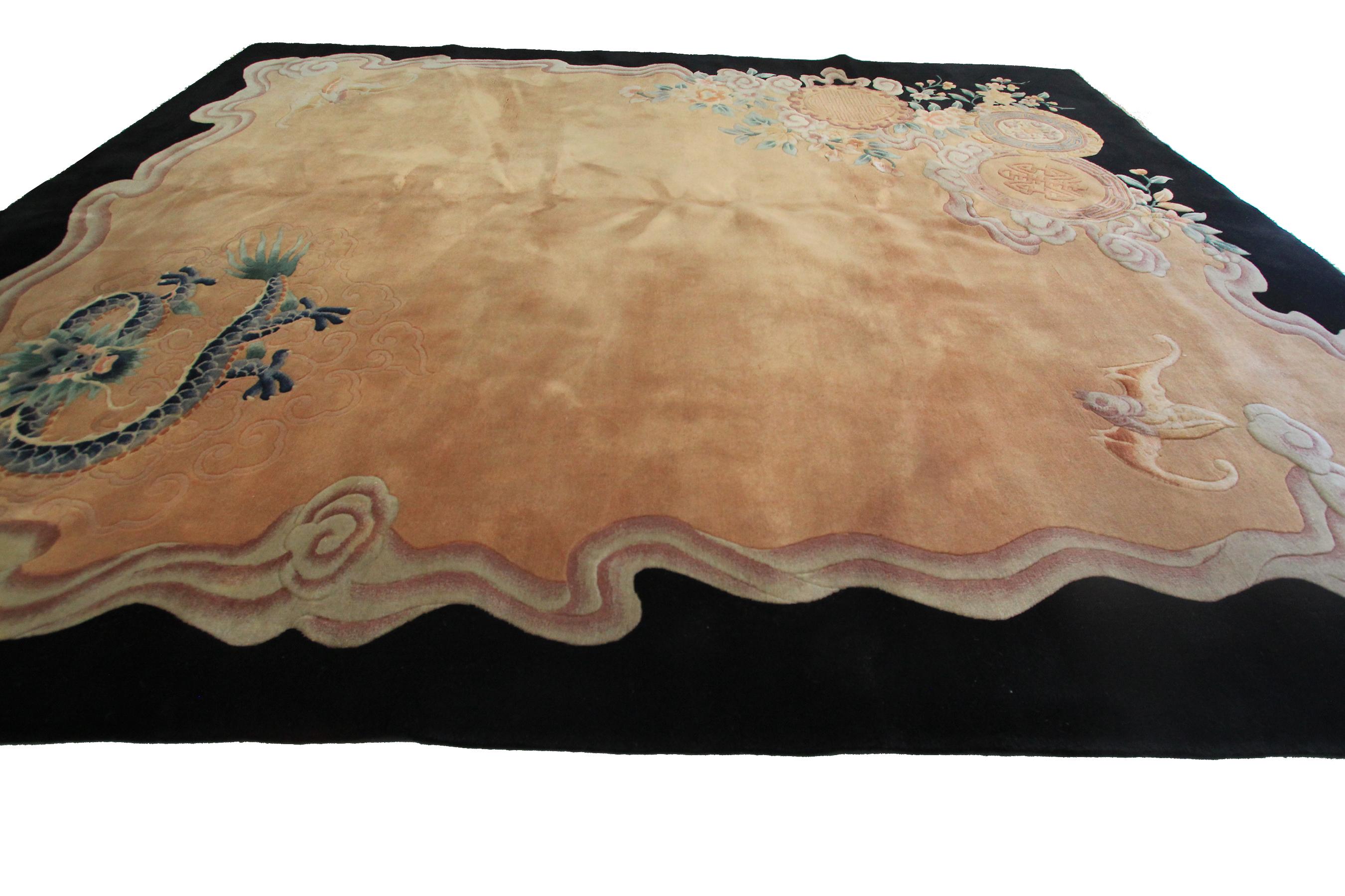 Vintage Art Deco tapis dragon laine chinoise rose pêche
8' x 10'
244cm x 305cm

