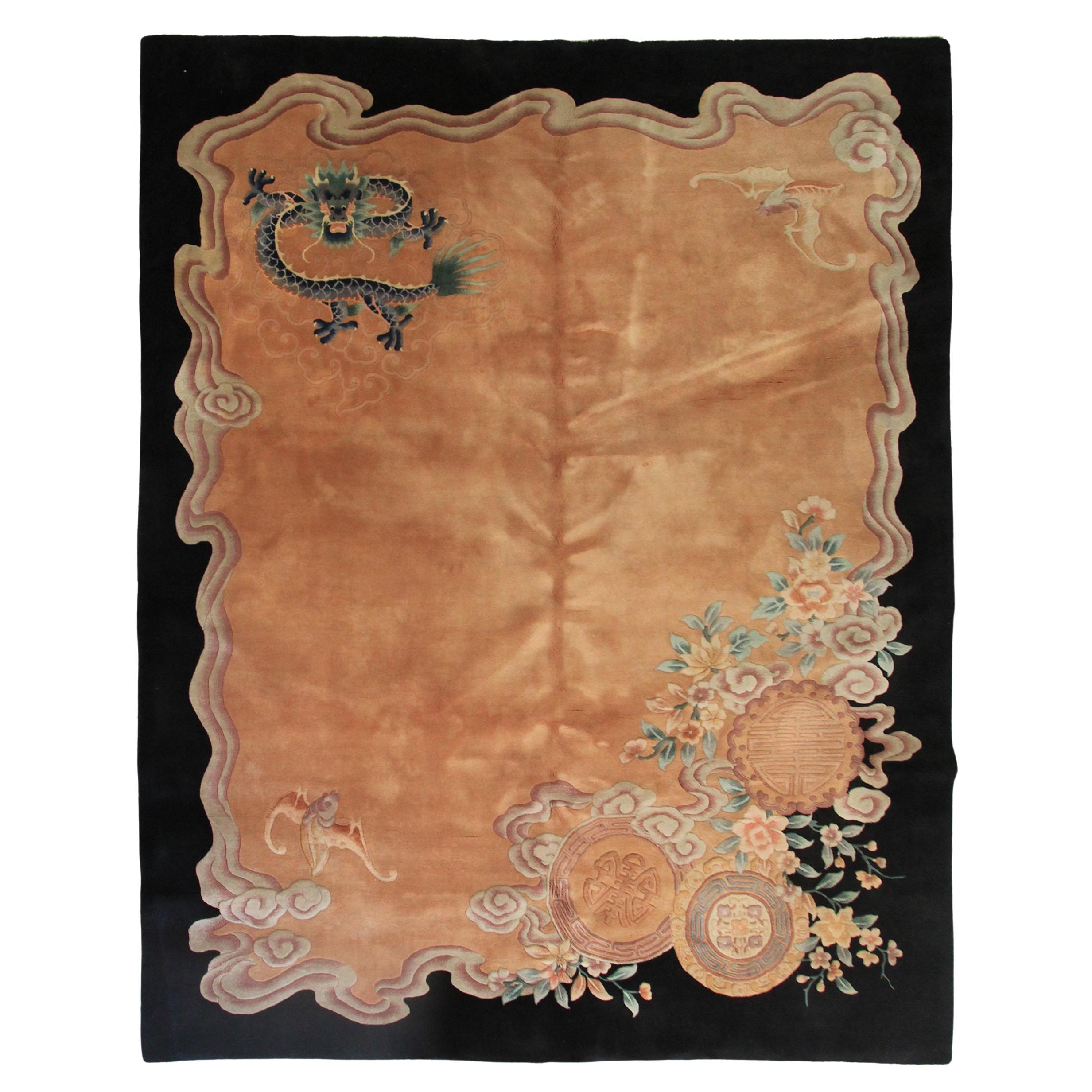 Tapis chinois vintage Art déco ancien grand tapis rose en vente