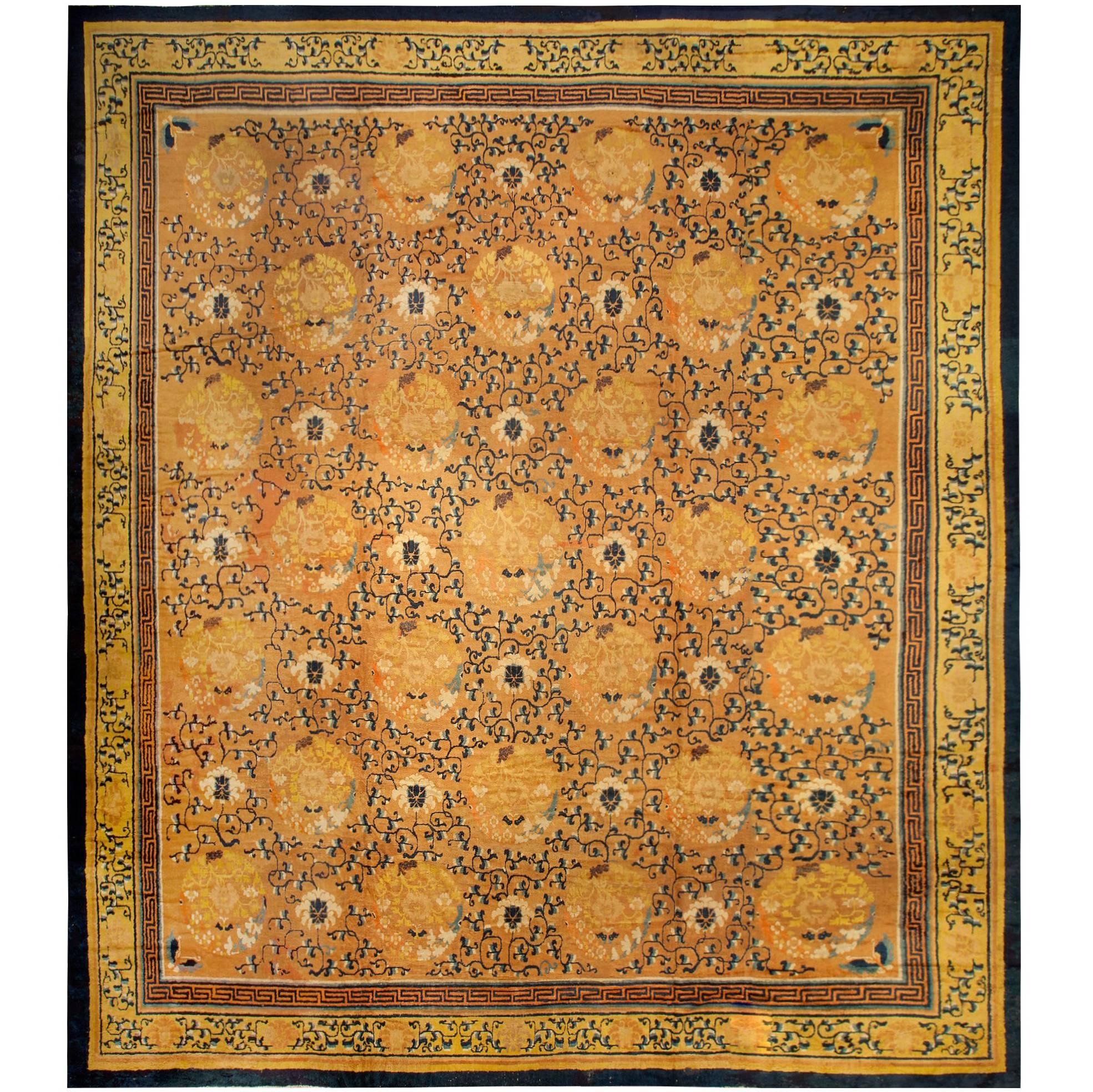 Authentischer chinesischer gelber handgefertigter Teppich aus dem 19.