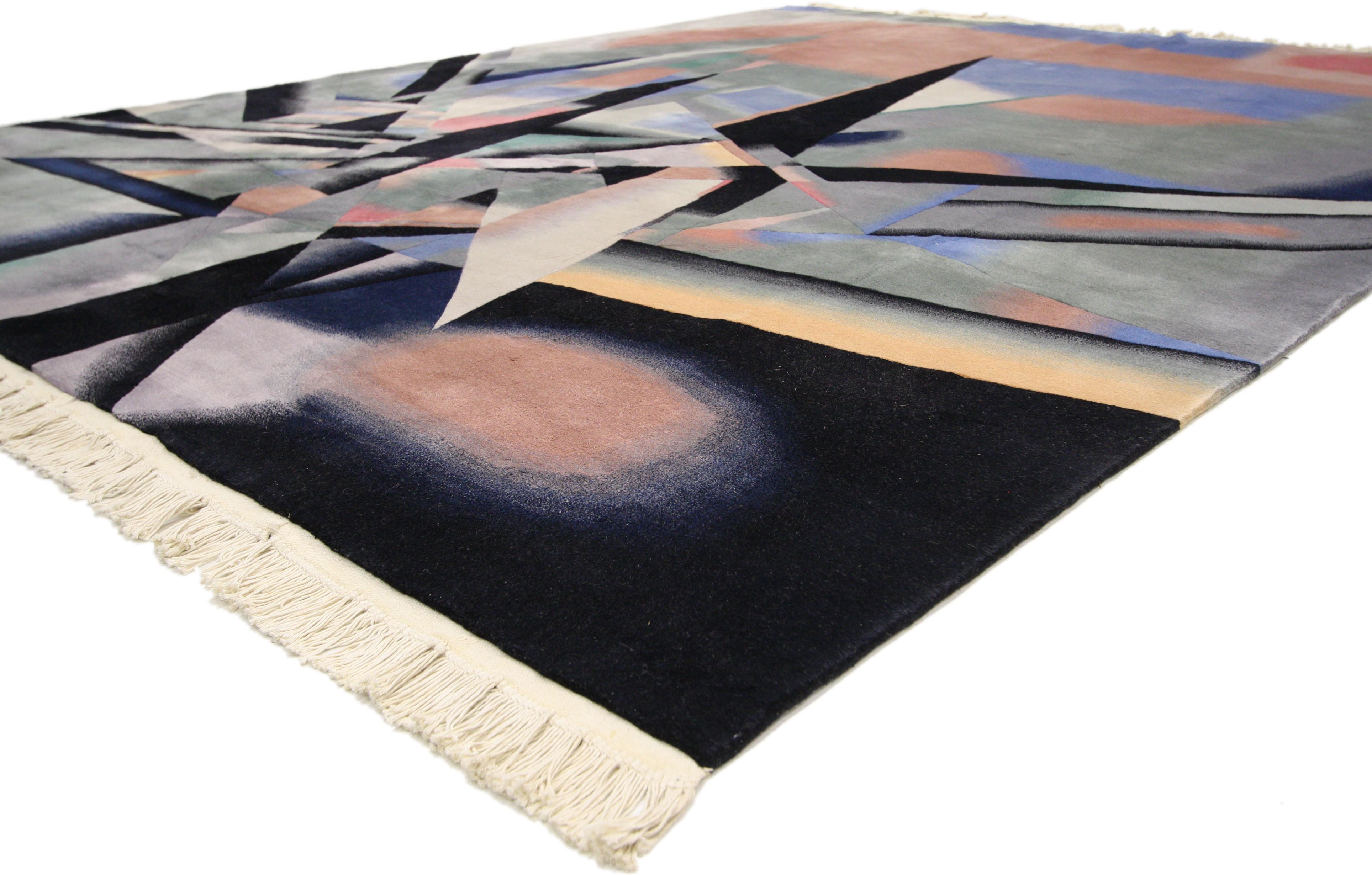 77181 Vintage Chinese rug with Abstract Expressionism Style 07'08 x 09'09. More than the profoundly influential visual arts style and asymmetrical beauty found in the geometric pattern, this hand-knotted wool vintage Chinese rug features a