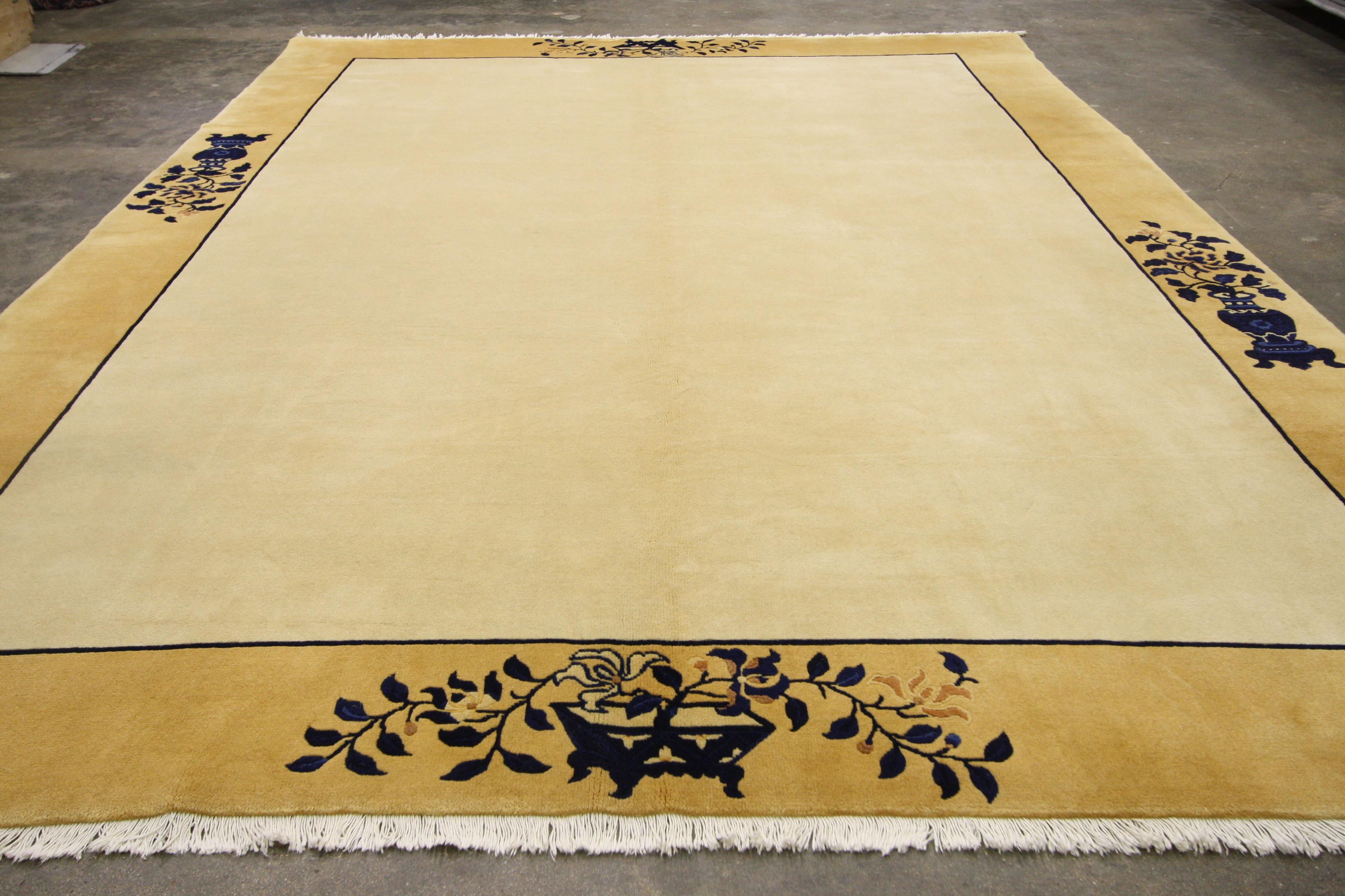 Hand-Knotted Vintage Chinese Rug with Minimalist Design, Peace and Tranquility