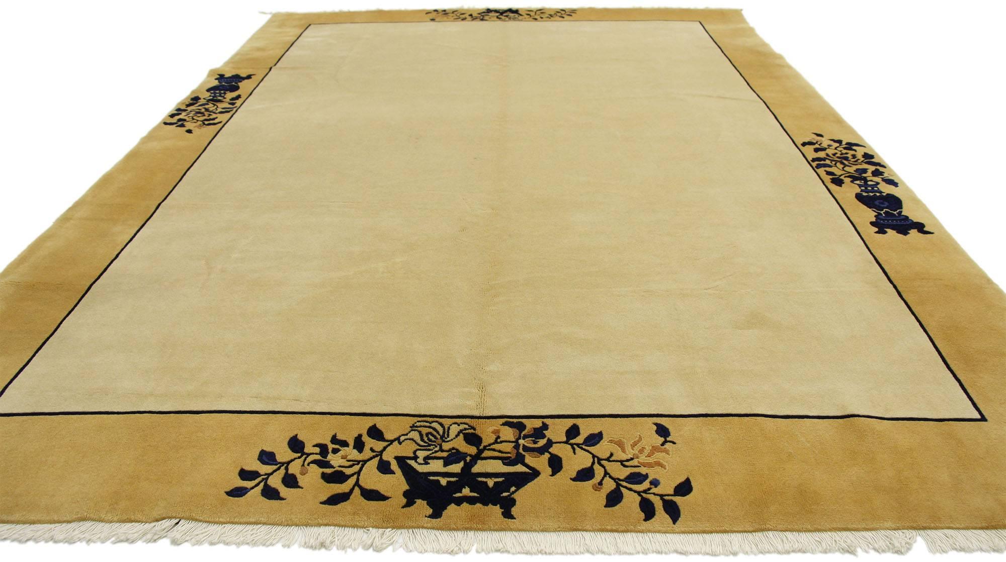 77131 Vintage Chinese Rug with Minimalist Design, Peace and Tranquility 06'10 x 09'09. This hand-knotted wool vintage Chinese rug with minimalist style is a change of pace from the jewel-tone colors typically associated with Chinese culture,