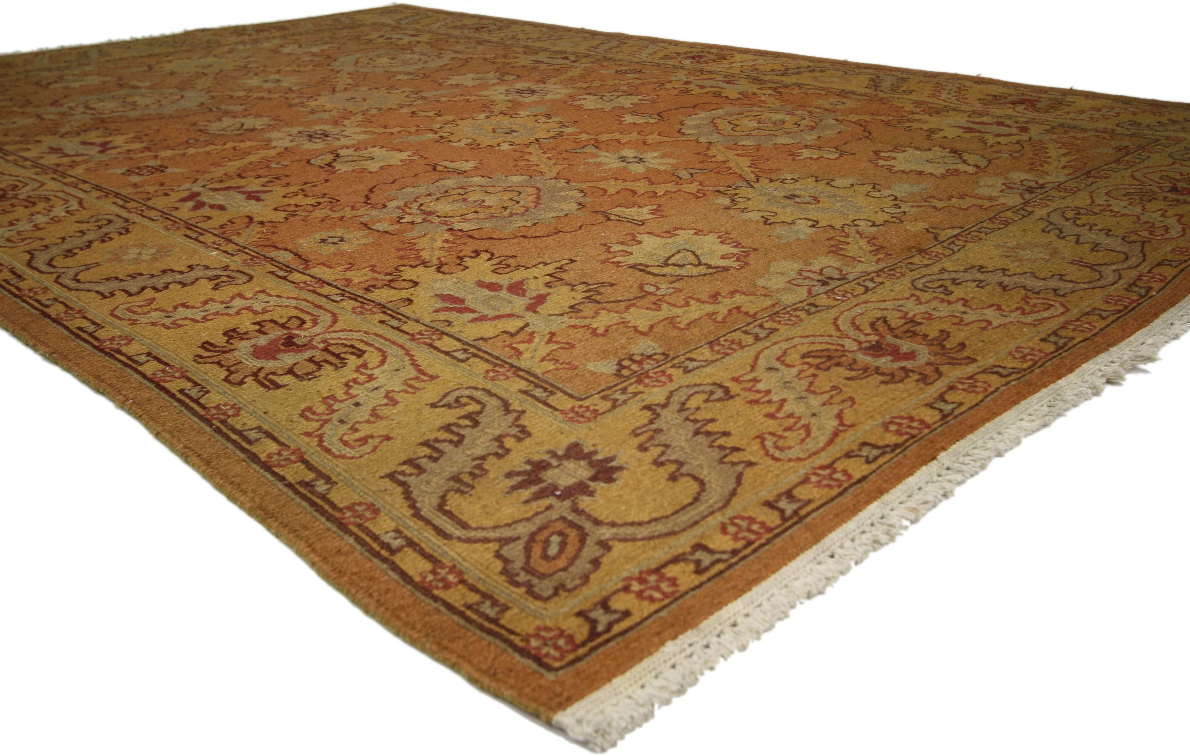 74909, vintage Chinese rug with Soumak Design and Warm Arts & Crafts style. This hand knotted wool vintage Chinese rug features an all-over floral lattice pattern spread across an abrashed orange field. The lattice is comprised of a dynamic