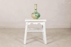 Sgabello cinese rustico vintage in stile country in legno dipinto di bianco