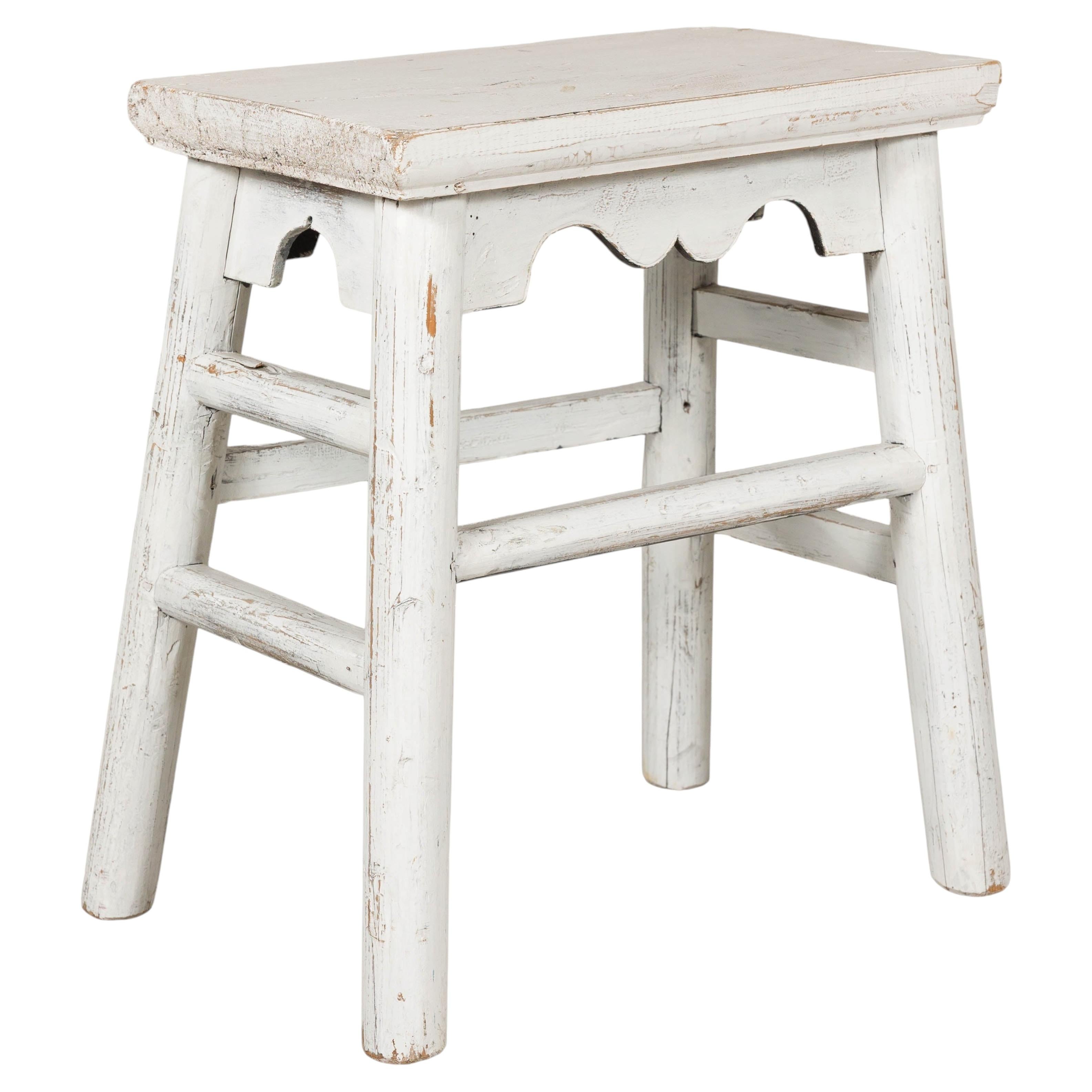 Vintage Chinese Rustic Country Style White Painted Wooden Stool