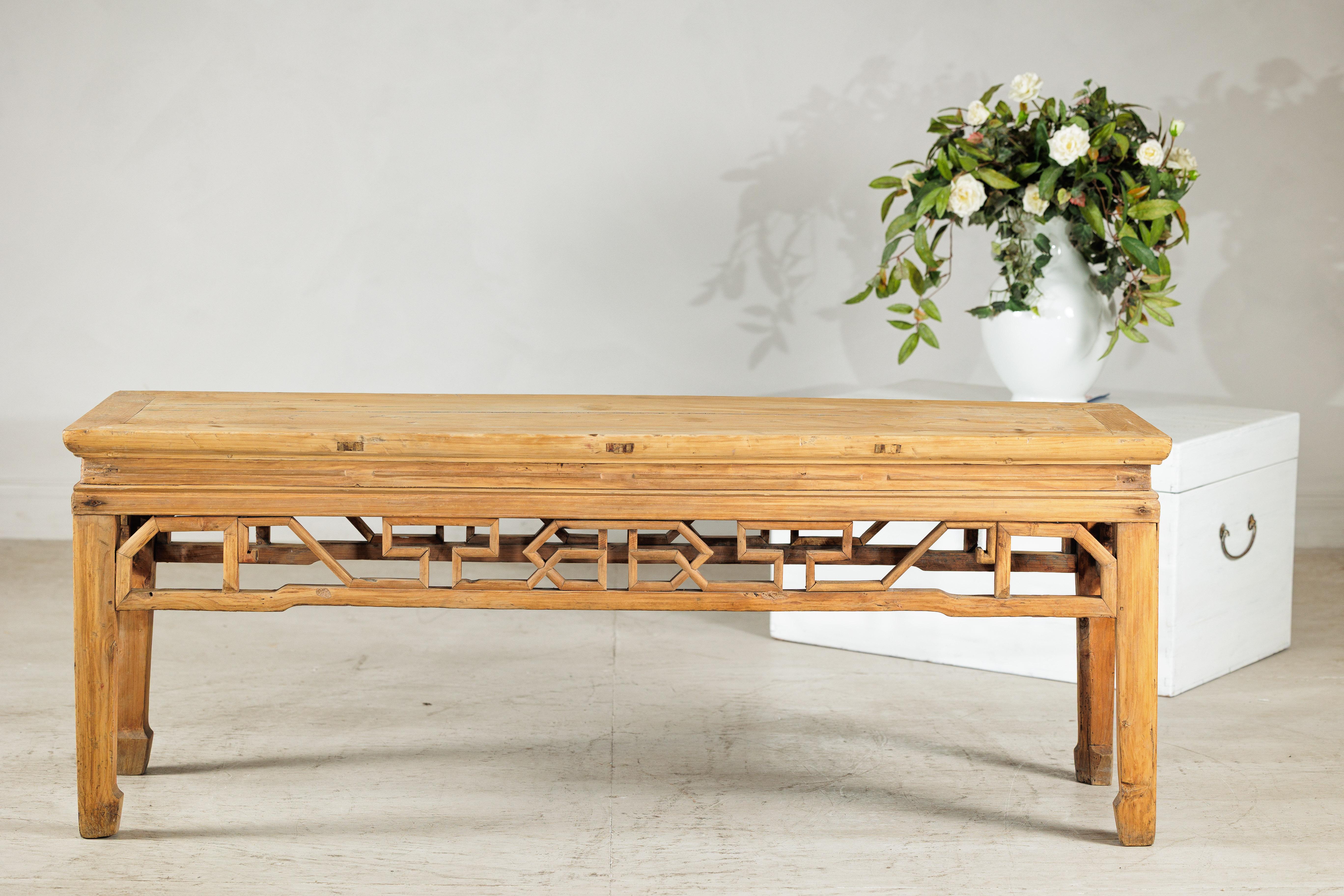 Vintage Chinese Rustic Low Table with Geometric Carved Fretwork Apron For Sale 5