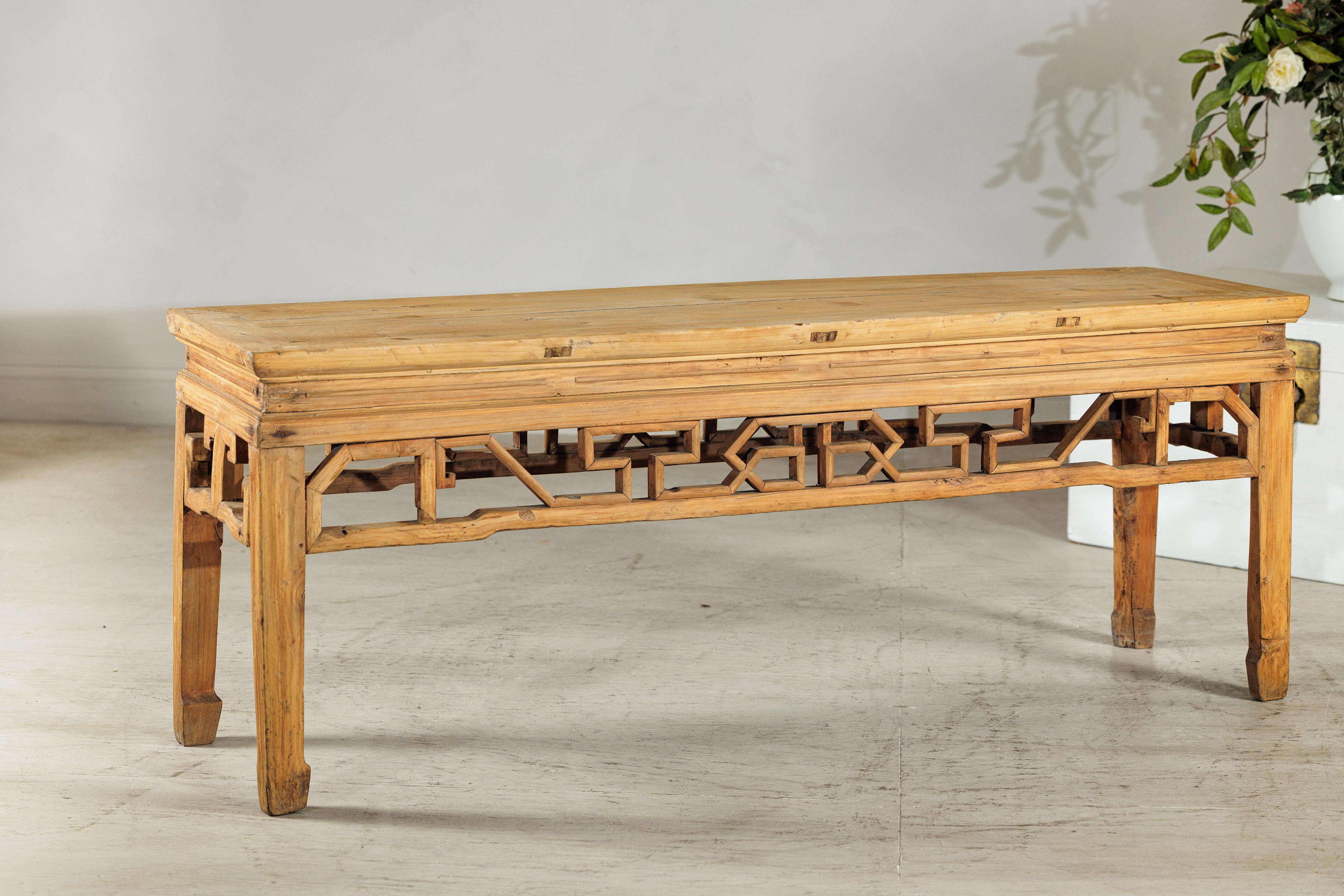 Vintage Chinese Rustic Low Table with Geometric Carved Fretwork Apron For Sale 6
