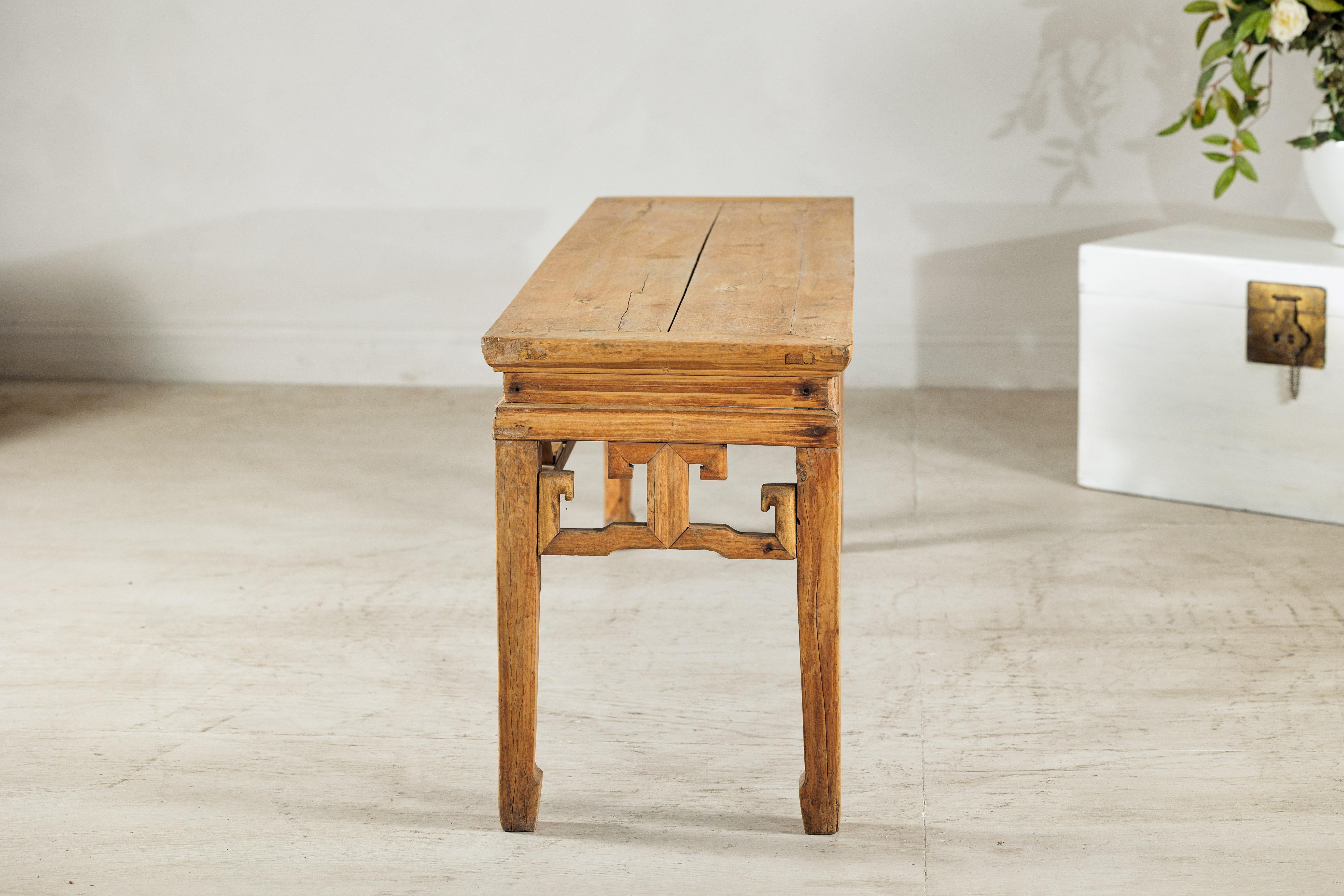 Vintage Chinese Rustic Low Table with Geometric Carved Fretwork Apron For Sale 7