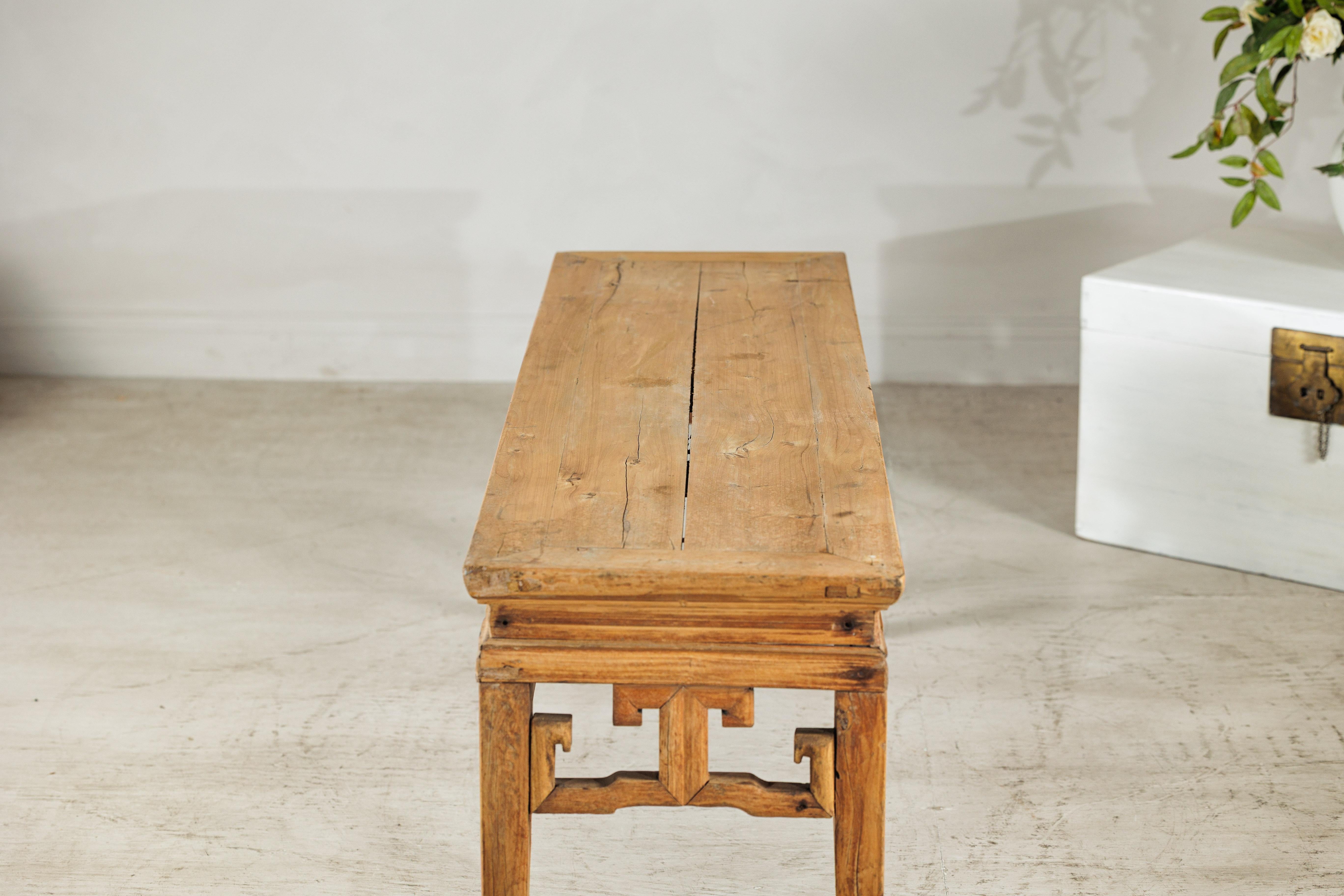 Vintage Chinese Rustic Low Table with Geometric Carved Fretwork Apron For Sale 8