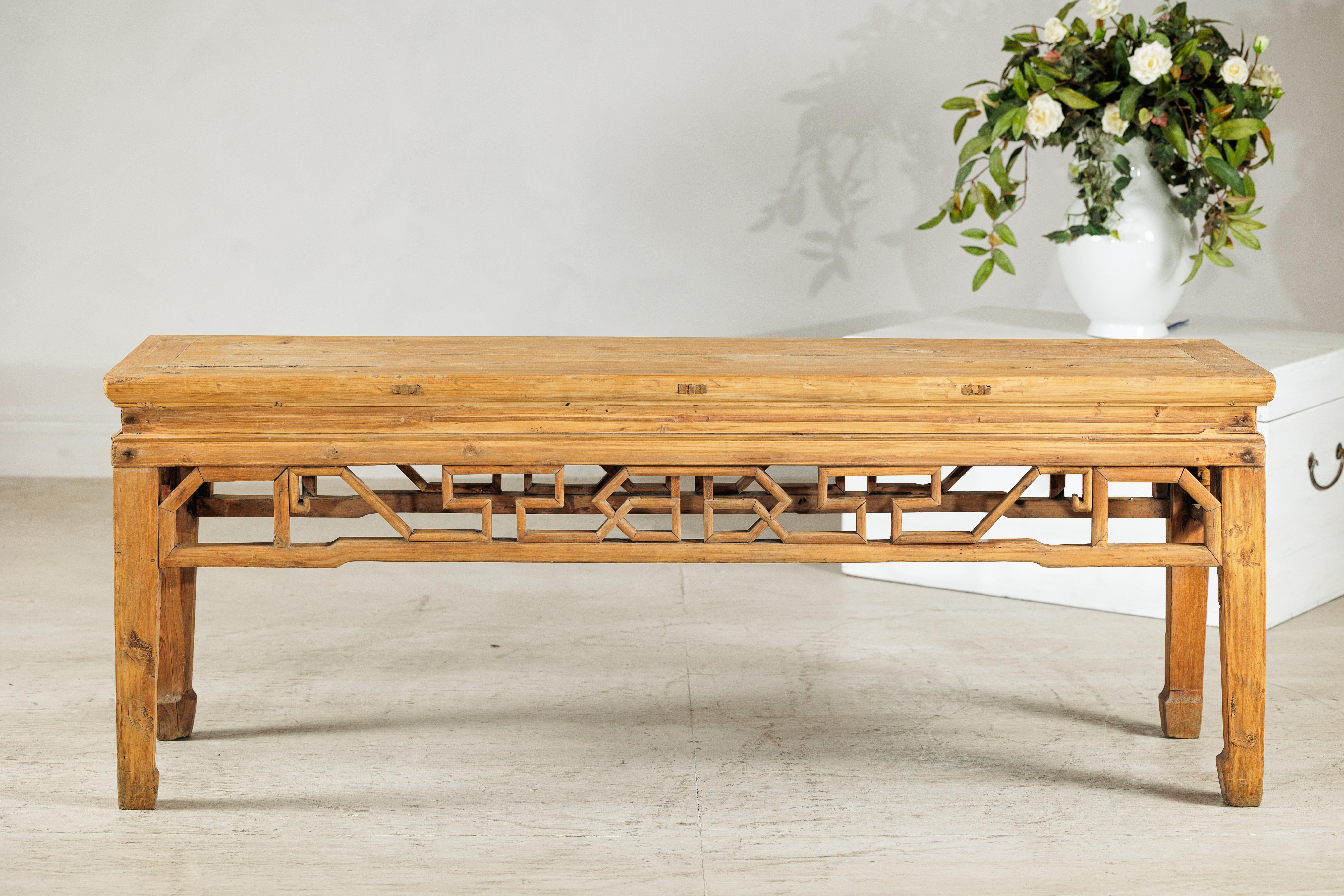 Vintage Chinese Rustic Low Table with Geometric Carved Fretwork Apron For Sale 9