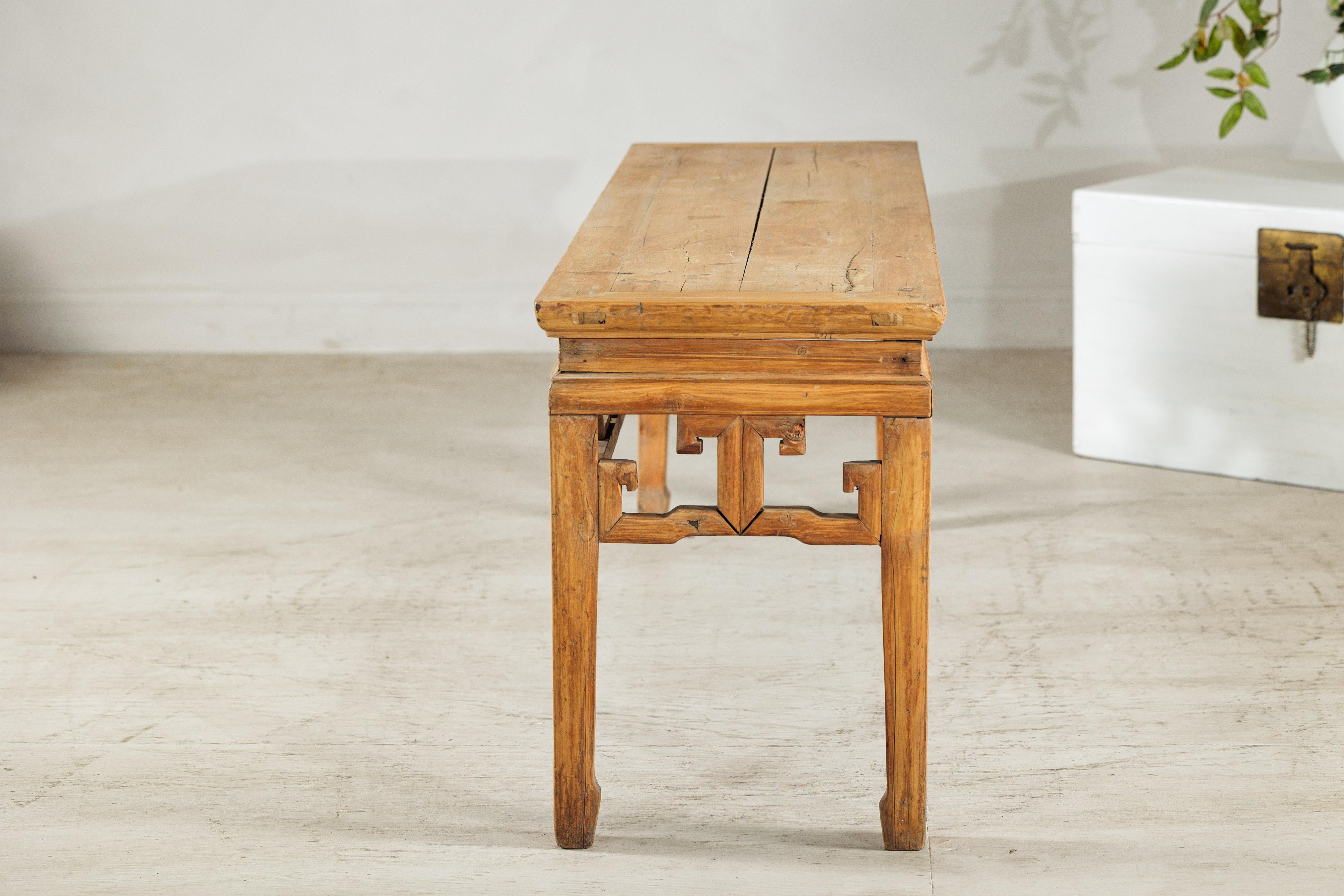 Vintage Chinese Rustic Low Table with Geometric Carved Fretwork Apron For Sale 10