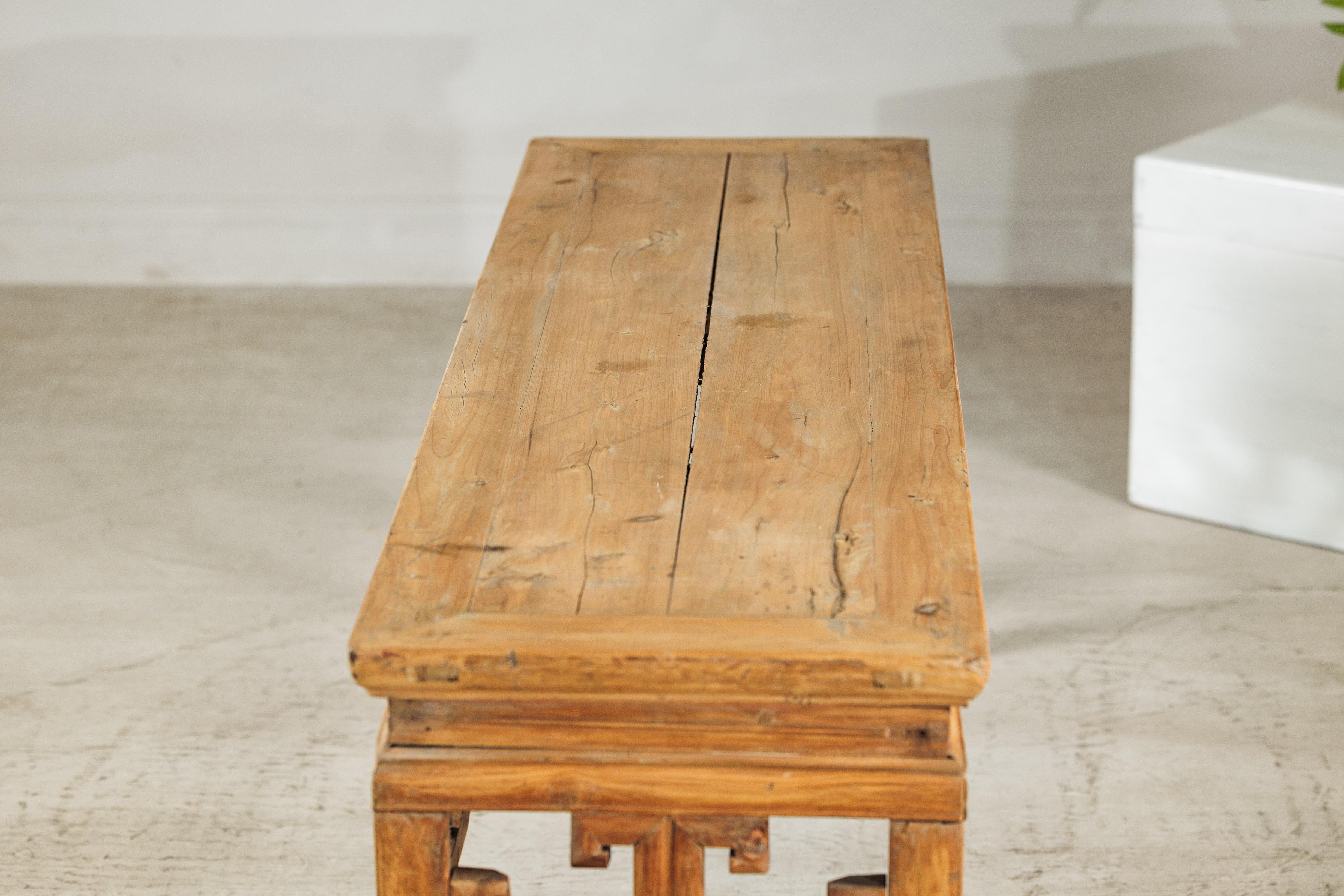 Vintage Chinese Rustic Low Table with Geometric Carved Fretwork Apron For Sale 11