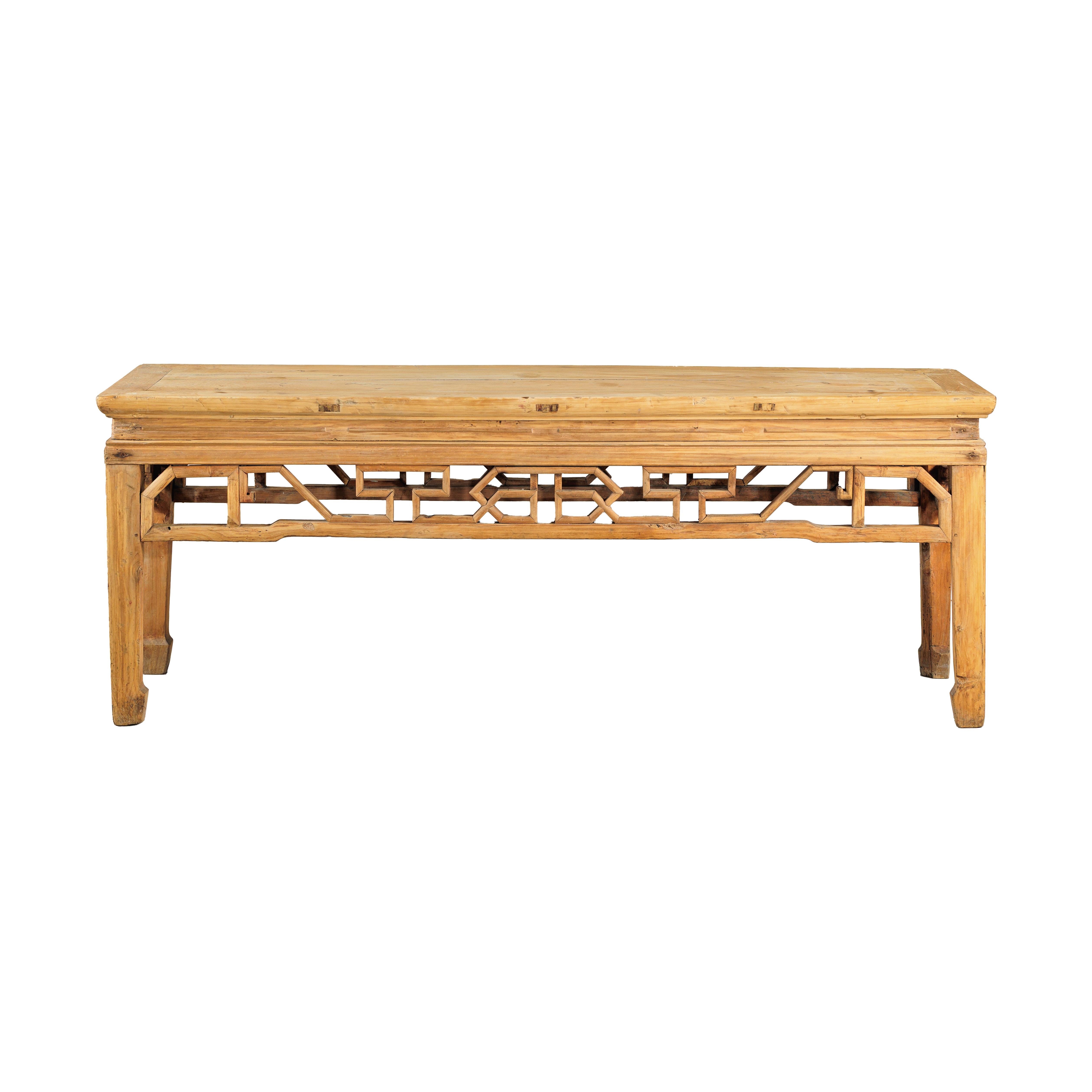 Vintage Chinese Rustic Low Table with Geometric Carved Fretwork Apron For Sale 12