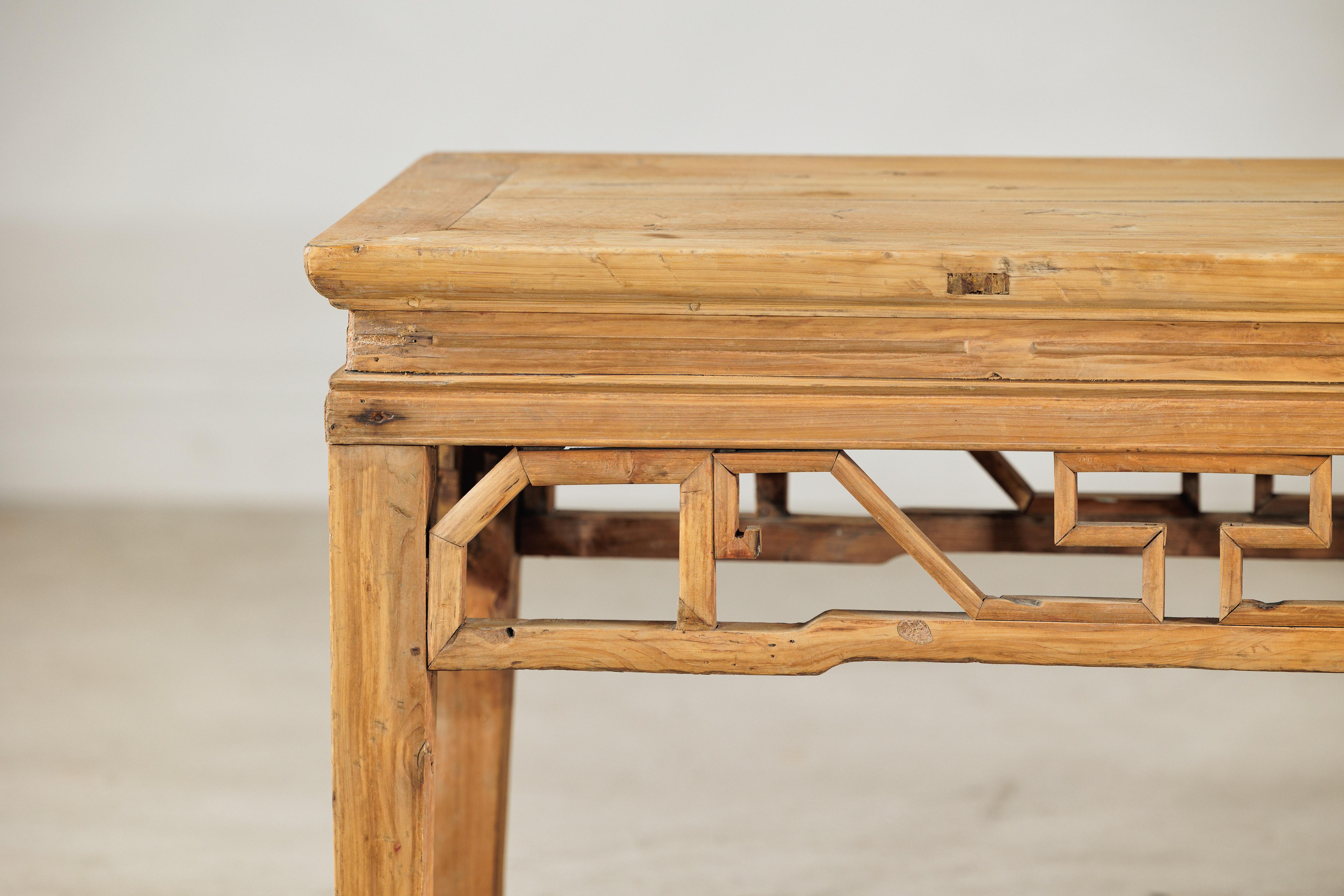 Vintage Chinese Rustic Low Table with Geometric Carved Fretwork Apron For Sale 2