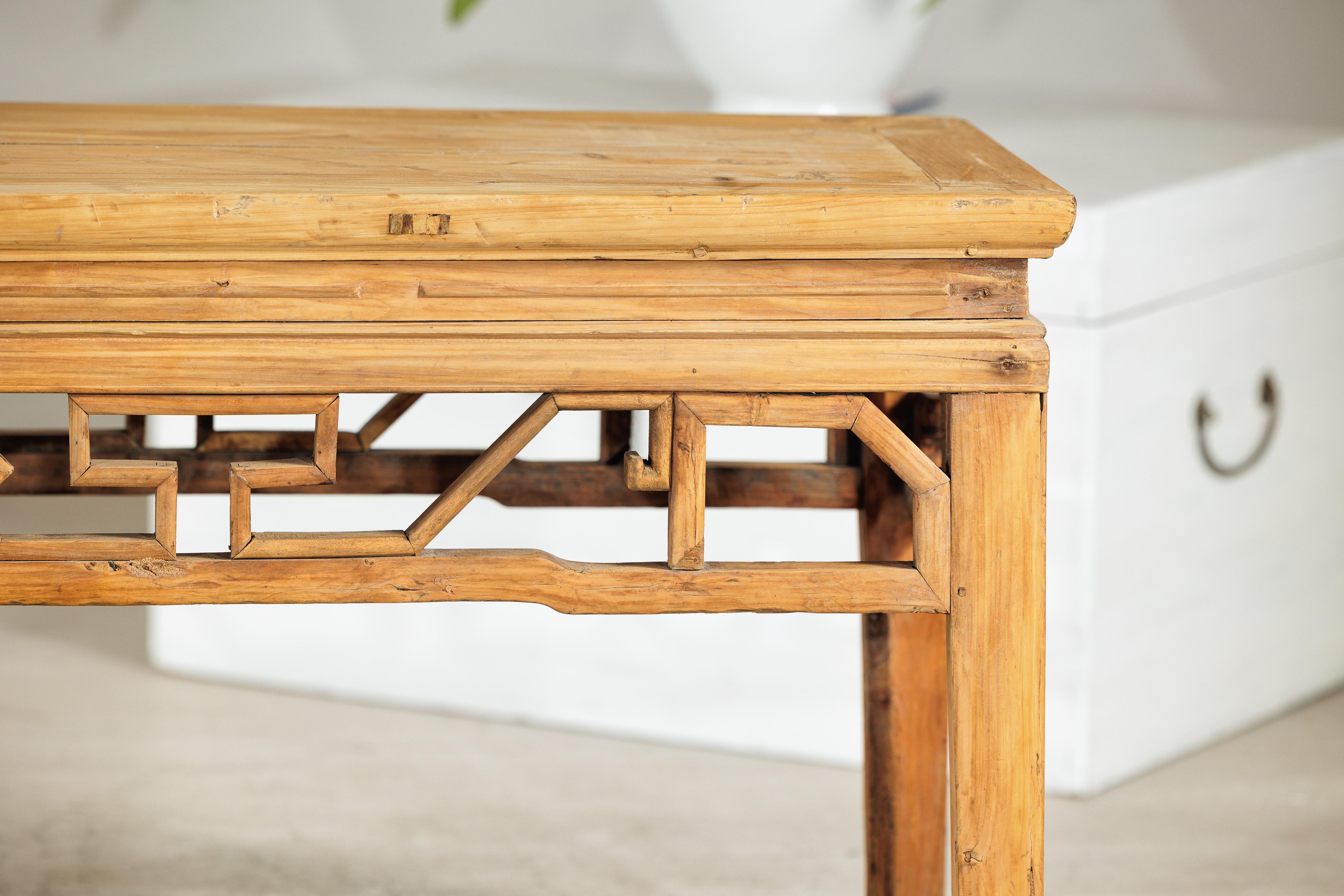 Vintage Chinese Rustic Low Table with Geometric Carved Fretwork Apron For Sale 4