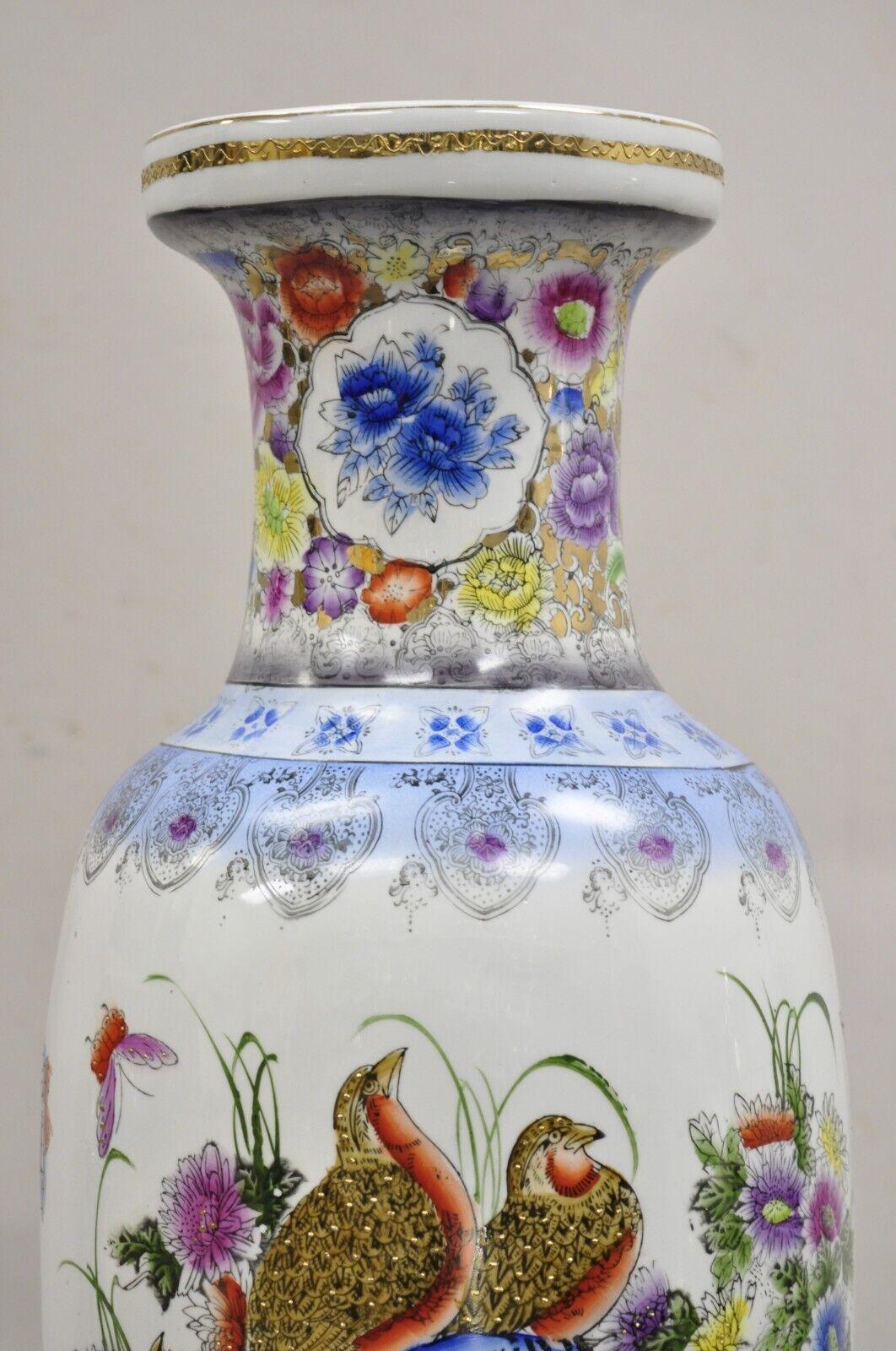Chinoiserie Vintage Chinese Satsuma Style Hand Painted Quail Bird Flower Porcelain Vase For Sale