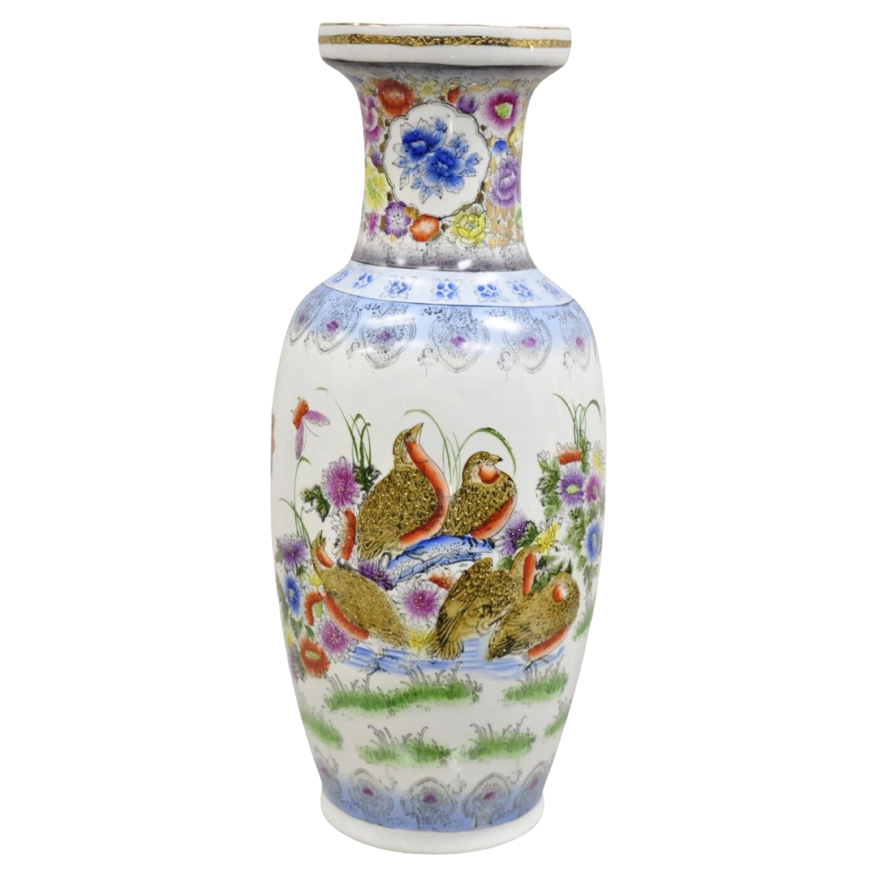 Vintage Chinese Satsuma Style Hand Painted Quail Bird Flower Porcelain Vase For Sale