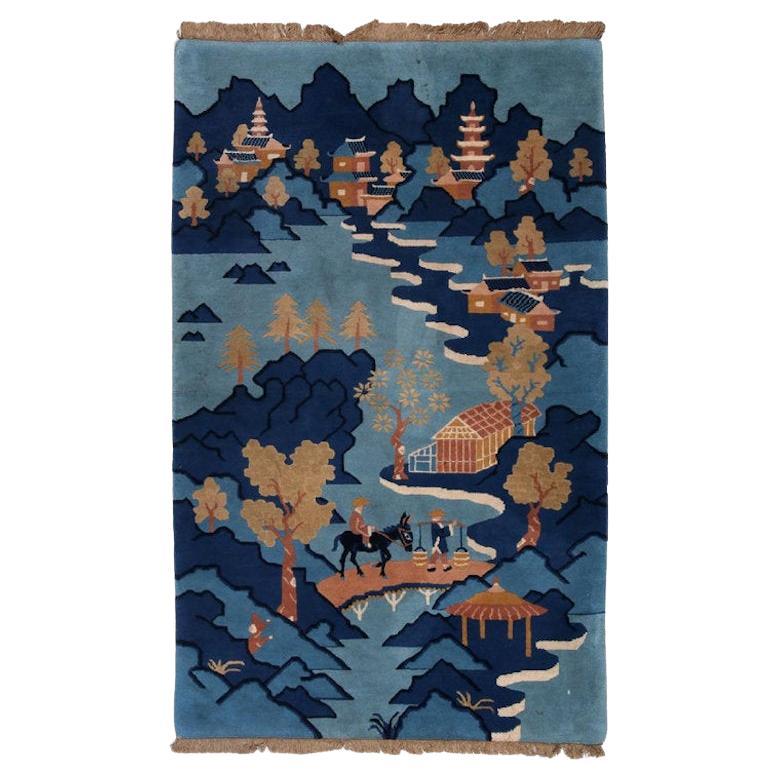 Vintage Chinese Scenic Deco Area Rug - 3' 1'' W x 5' 1” L
