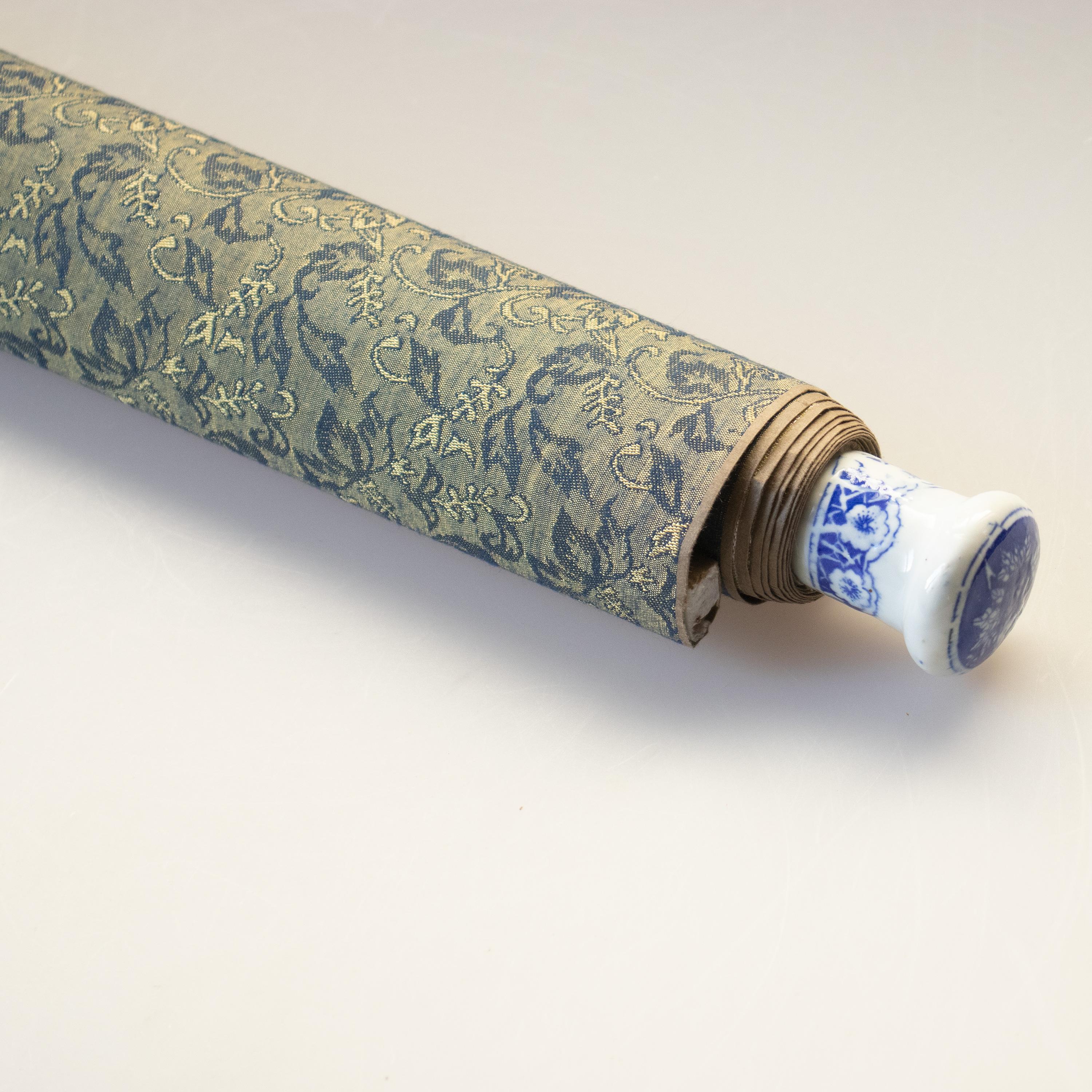 Vintage Chinese Scroll Painting Rice Paper Painted Blue de Hue Porcelain 5
