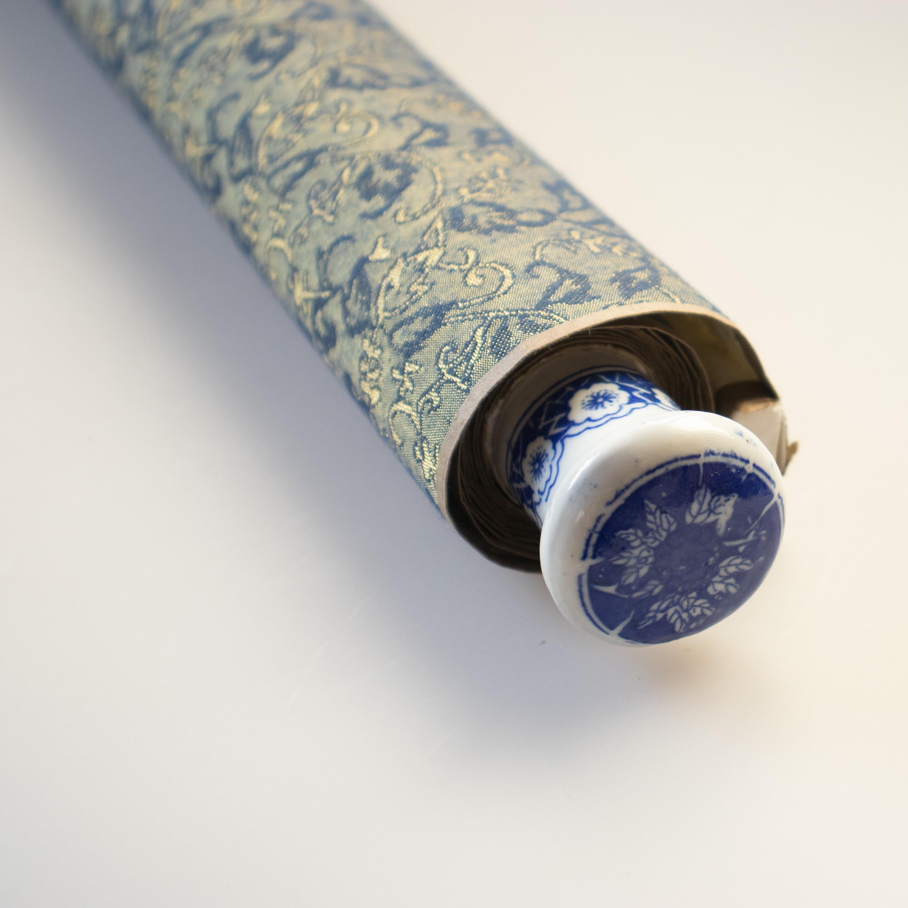 Vintage Chinese Scroll Painting Rice Paper Painted Blue de Hue Porcelain 9