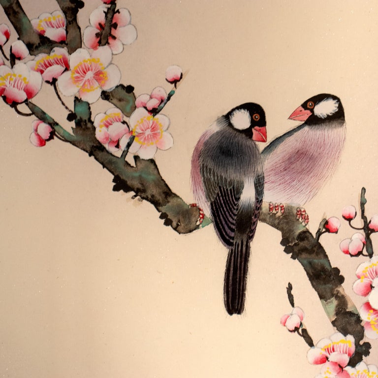 Stunning vintage Chinese Scroll painting, representing two birds in love on a cherry blossom tree.
The piece has been hand painted and dates back to the first half of the XXth century.

It has been painted on the typical rice paper, and comes